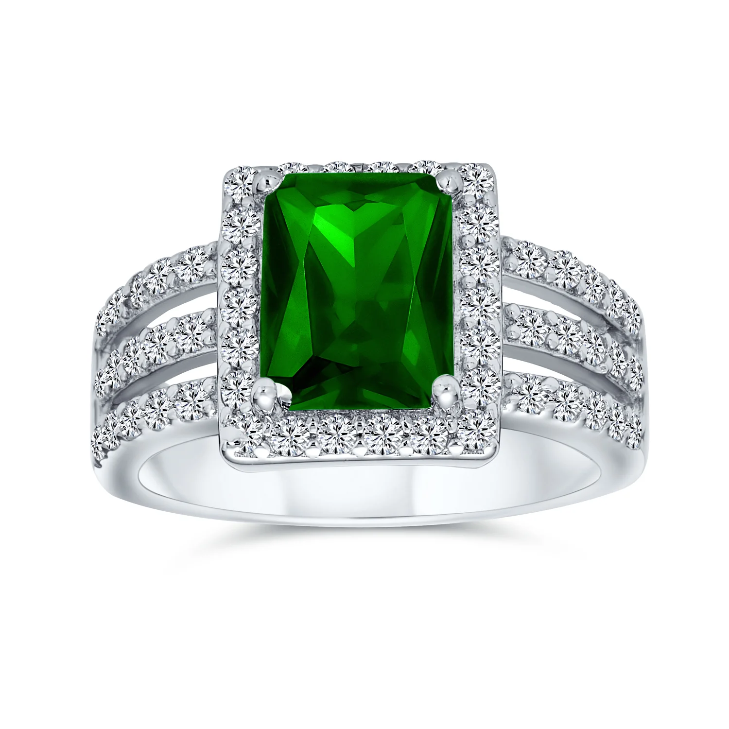 Art Deco Style 3CT CZ Emerald Cut Halo Engagement Ring Wide Band .925 Sterling Silver - Image 6