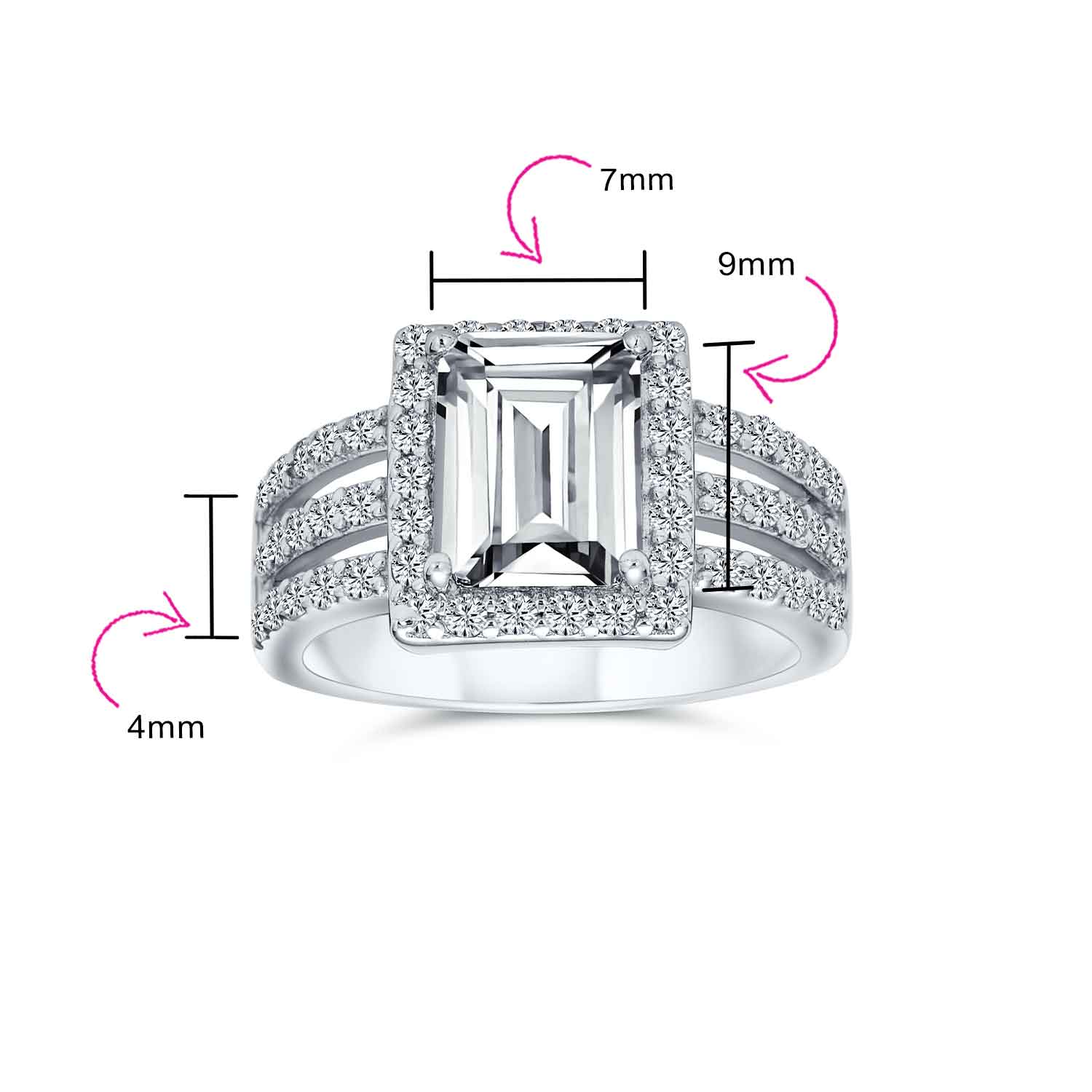 Art Deco Style 3CT CZ Emerald Cut Halo Engagement Ring Wide Band .925 Sterling Silver - Image 7