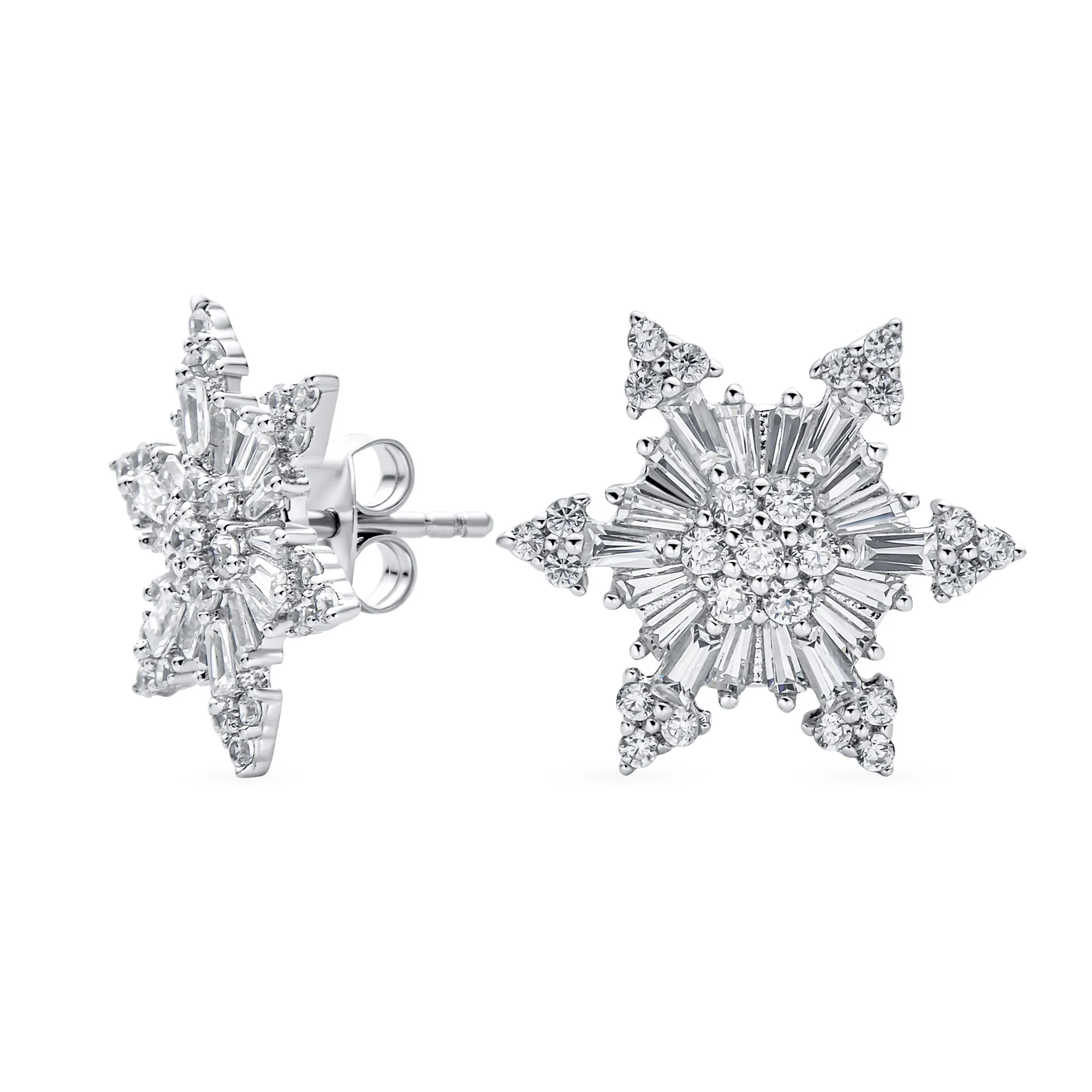 Art Deco Christmas Flower CZ Stud Earrings Snowflake Design