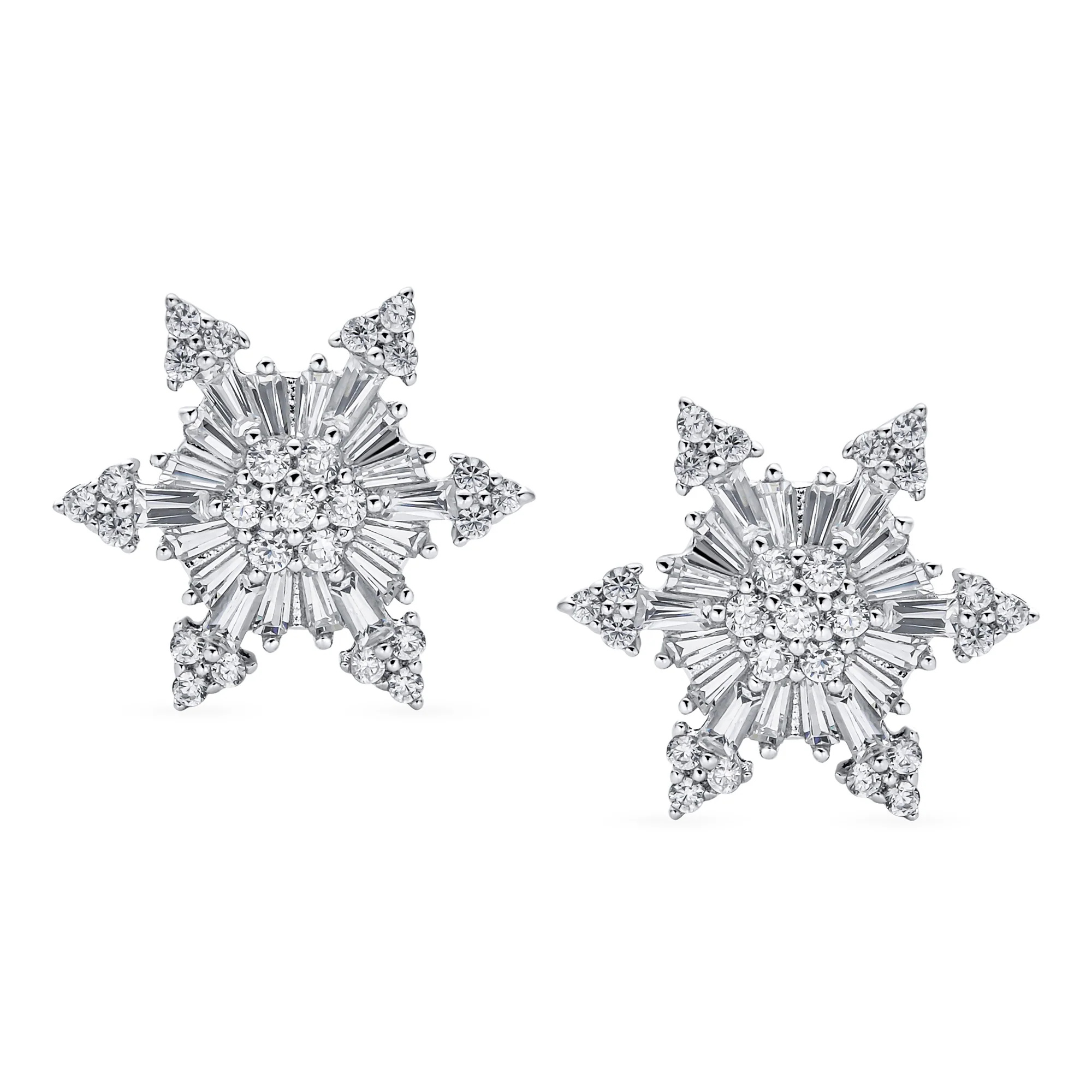 Art Deco Christmas Flower CZ Stud Earrings Snowflake Design - Image 2