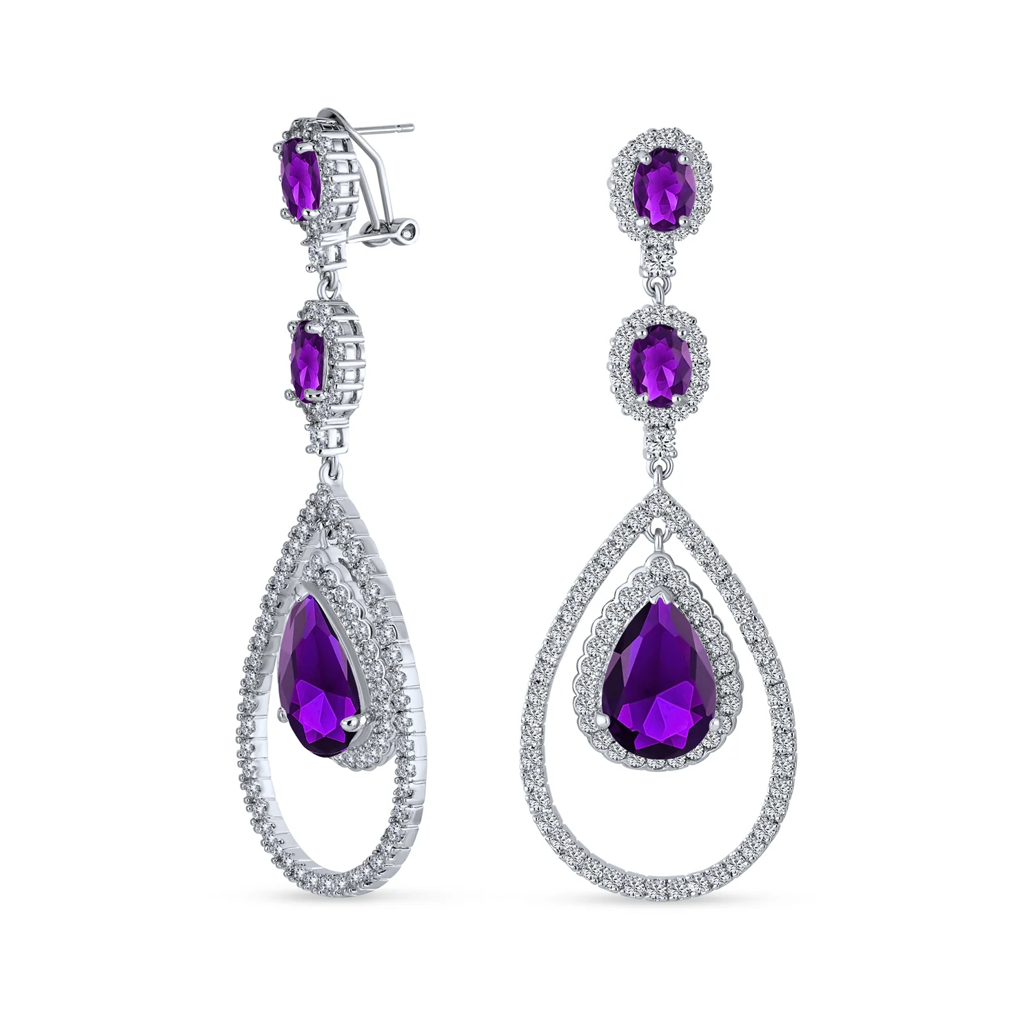 Cocktail Cubic Zirconia Double Halo Large Purple Amethyst Teardrop CZ Chandelier Earrings