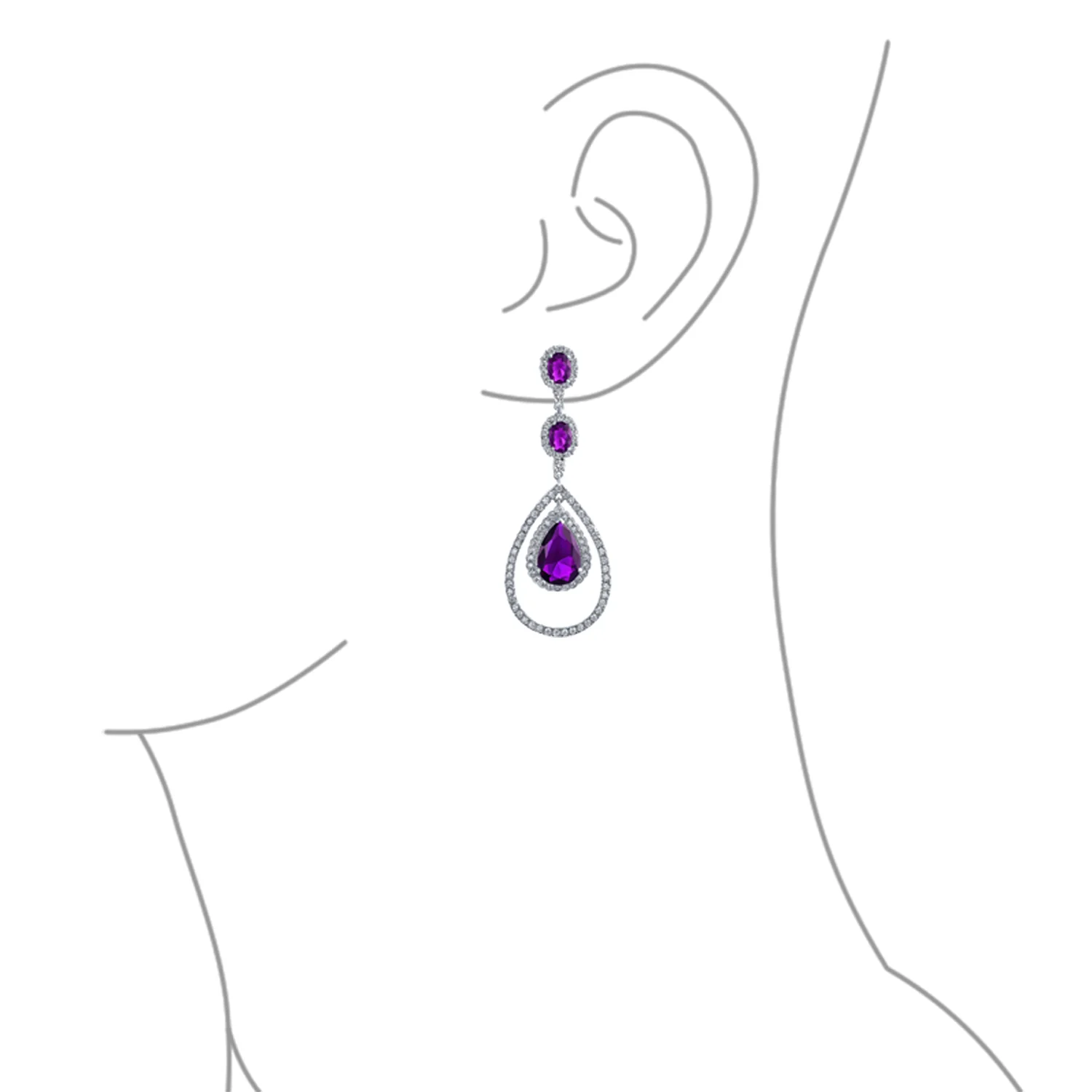 Cocktail Cubic Zirconia Double Halo Large Purple Amethyst Teardrop CZ Chandelier Earrings - Image 13