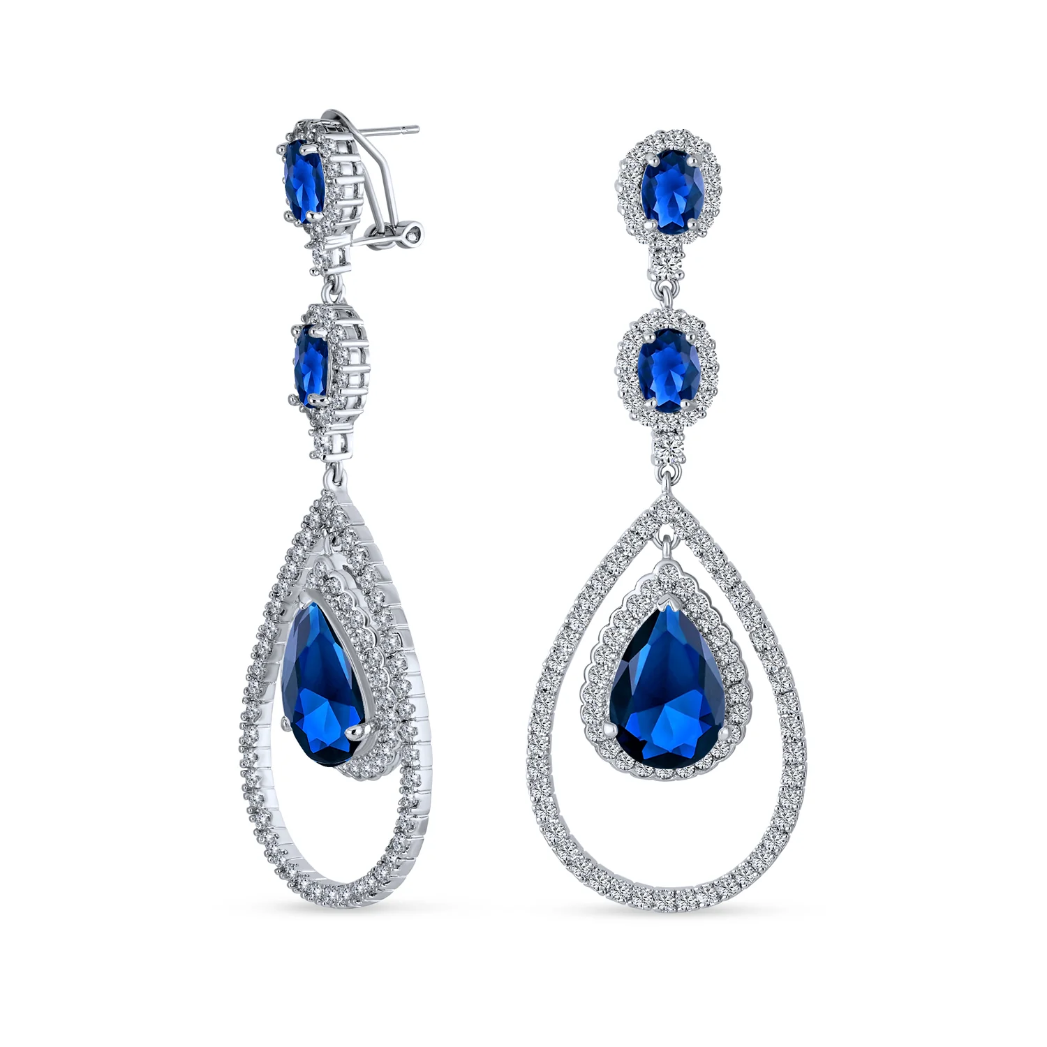 Cocktail Cubic Zirconia Double Halo Large Purple Amethyst Teardrop CZ Chandelier Earrings - Image 2