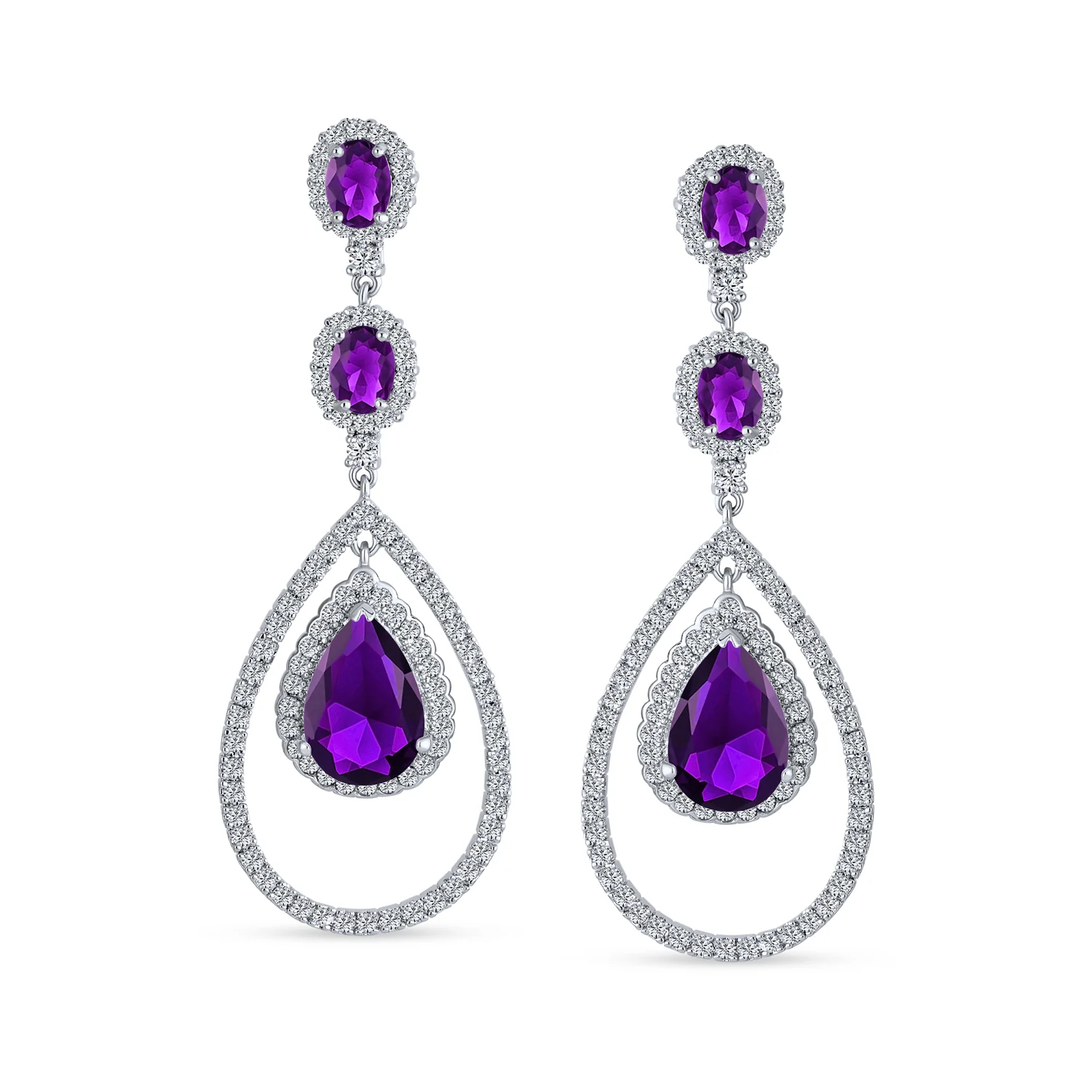 Cocktail Cubic Zirconia Double Halo Large Purple Amethyst Teardrop CZ Chandelier Earrings - Image 7