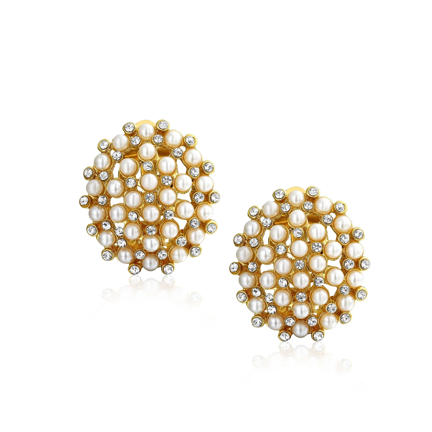 Fashion Round Button Cluster Style White Pearl Clip-On Earrings Gold Plated - Image 2