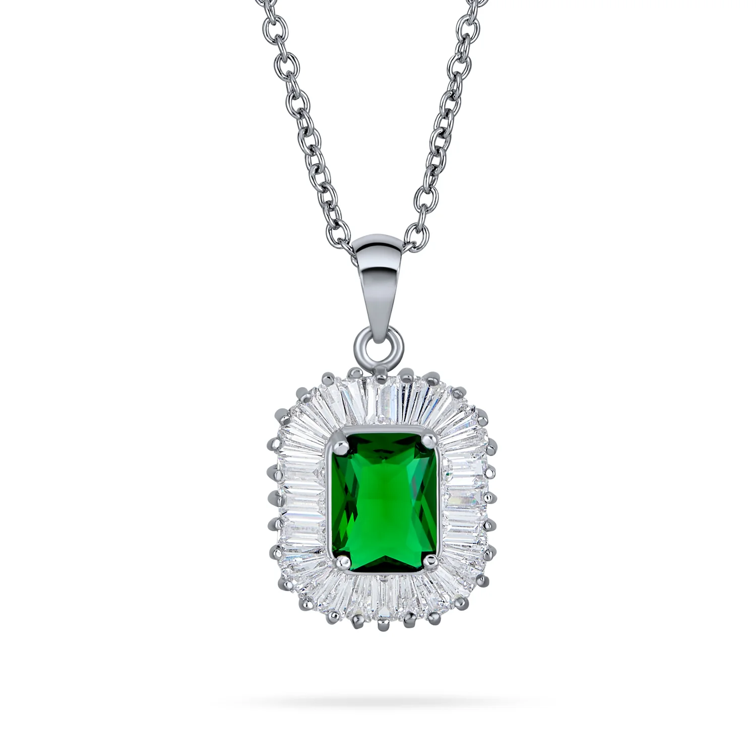 Art Deco Green Baguette CZ Emerald Cut Pendant Necklace