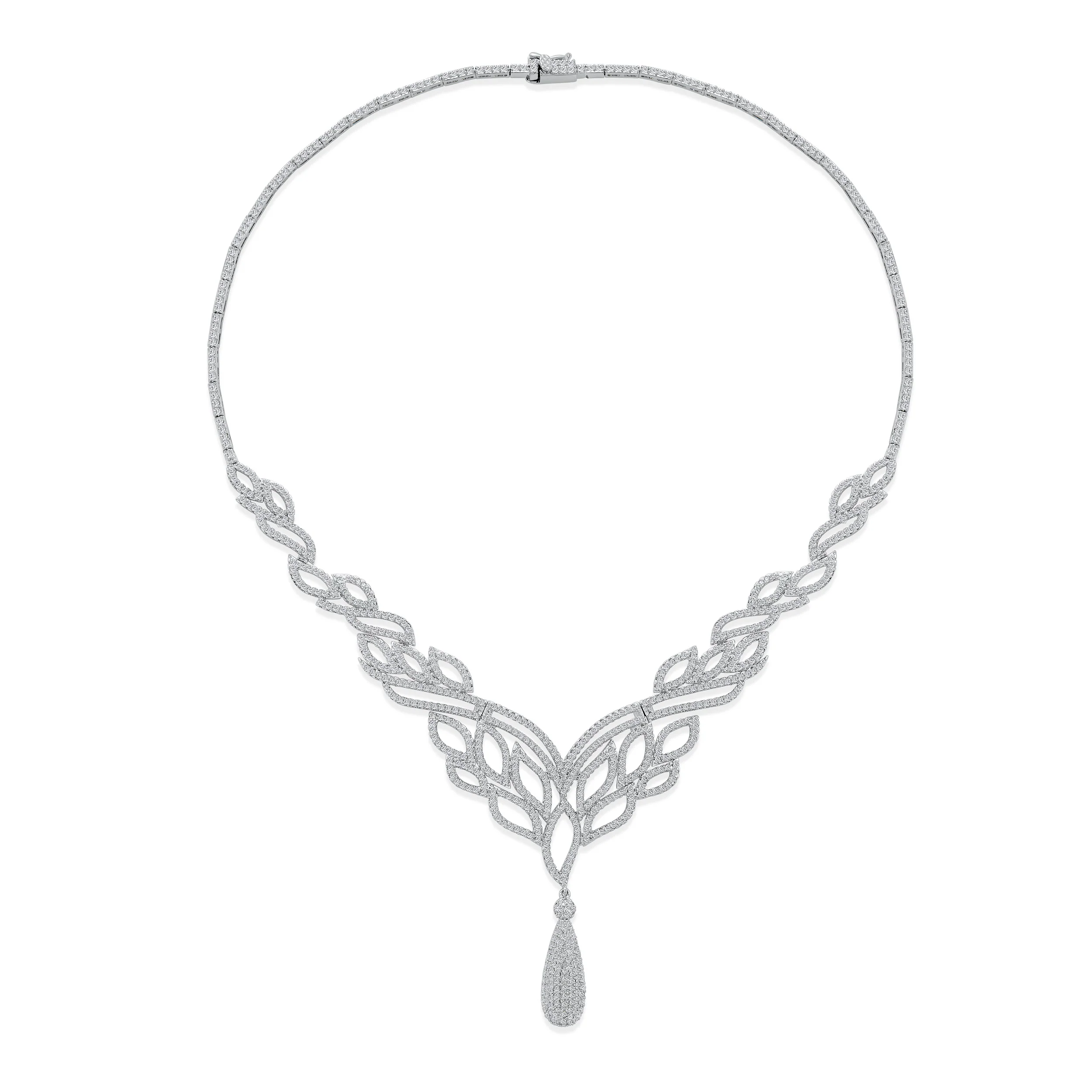 Art Deco Leaf Collar Necklace with Teardrop CZ Silver