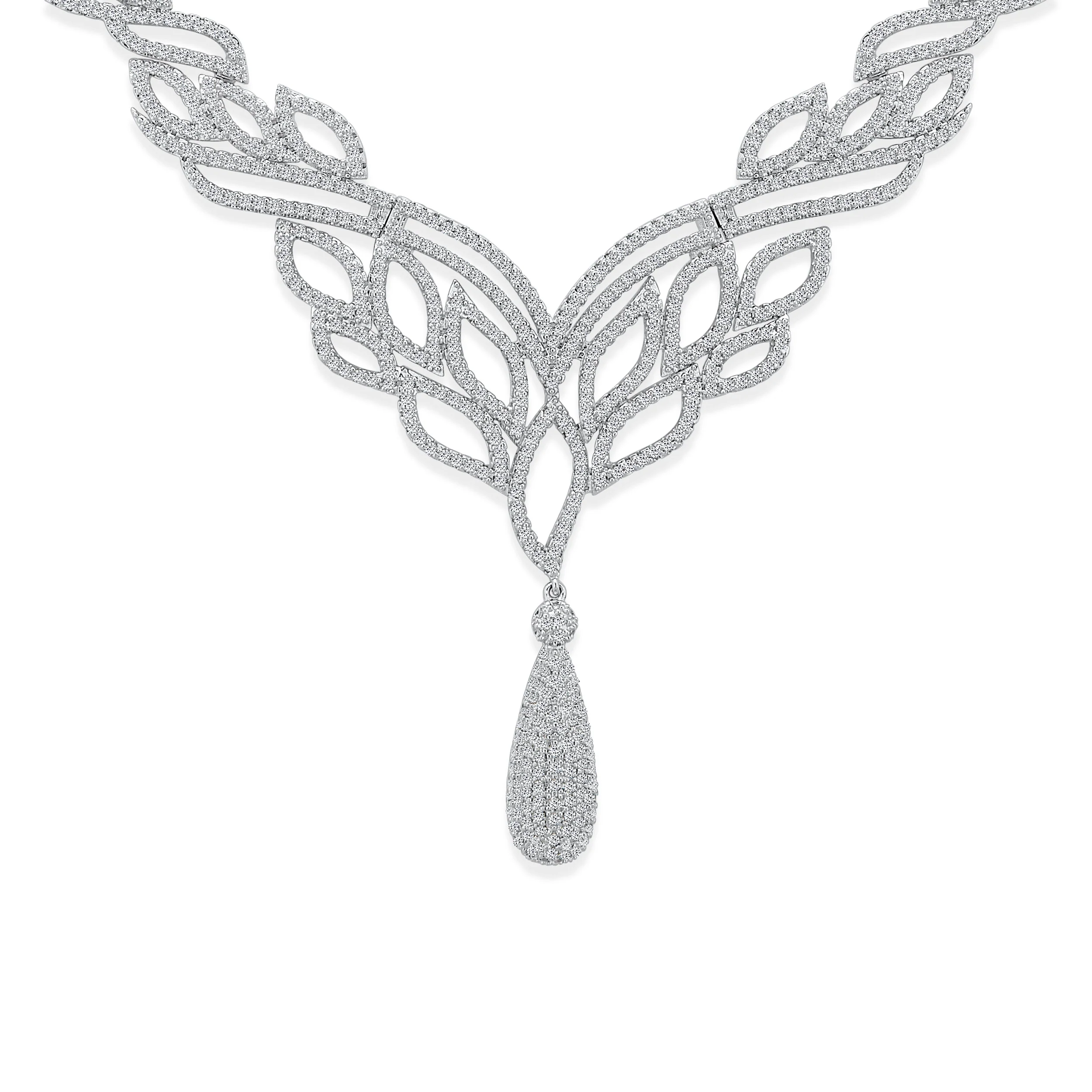 Art Deco Leaf Collar Necklace with Teardrop CZ Silver - Image 2