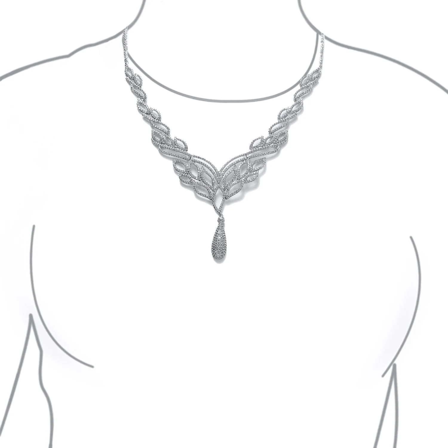 Art Deco Leaf Collar Necklace with Teardrop CZ Silver - Image 5