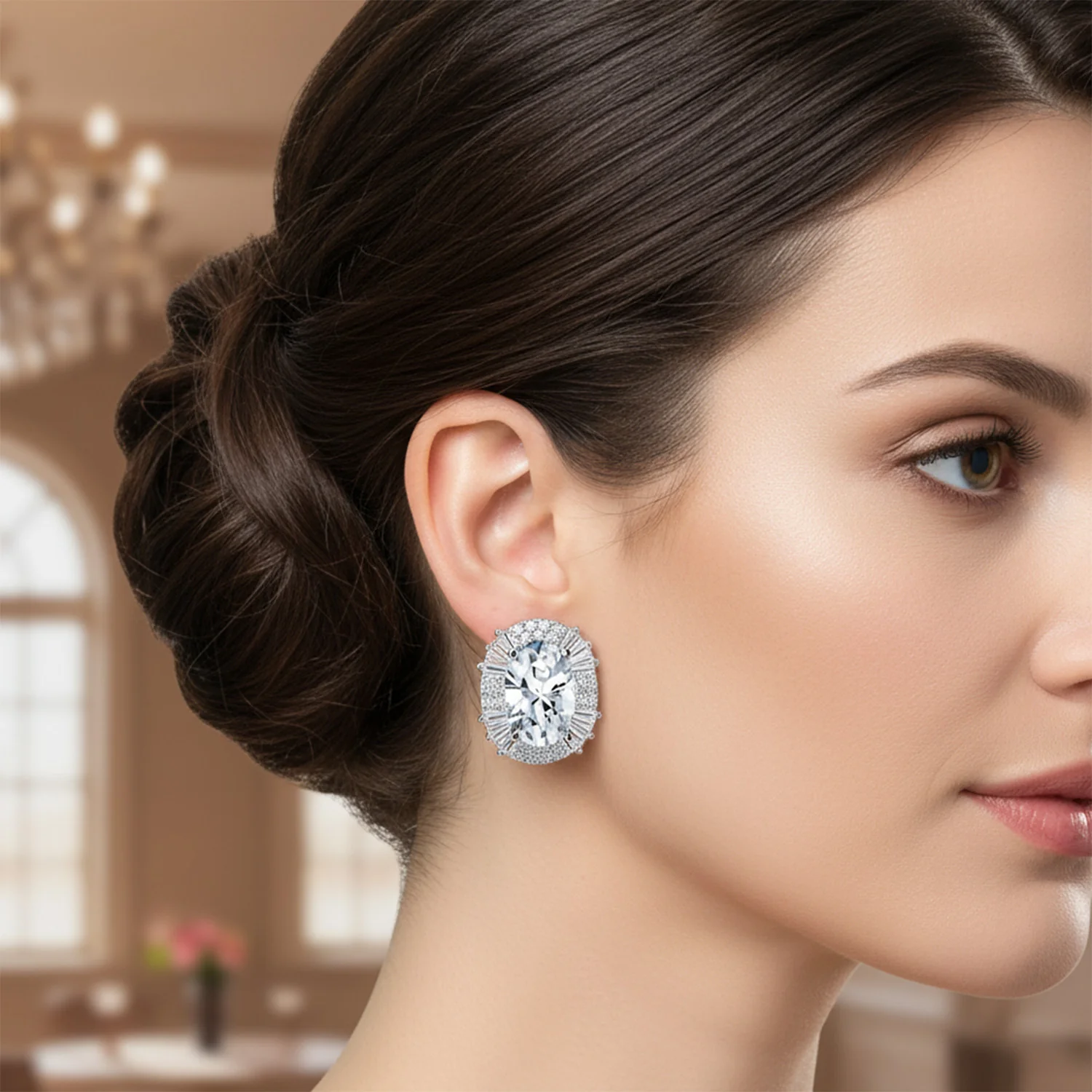 Art Deco Clip-On Earrings Large CZ Baguette Halo Non-Pierced - Image 3