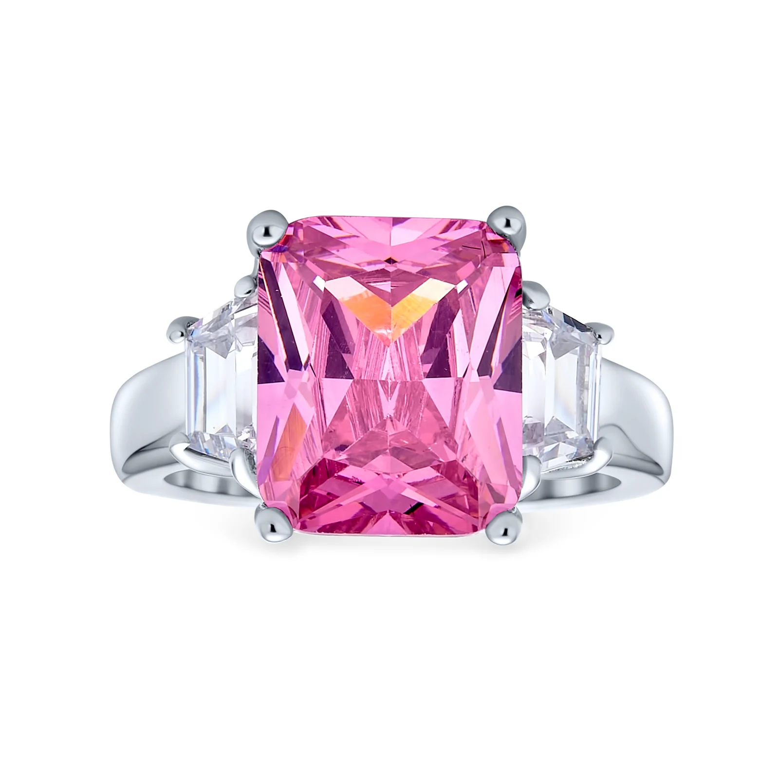 Classic 8CT Pink CZ Emerald Cut Statement Engagement Ring .925 Sterling Silver Baguette Accent