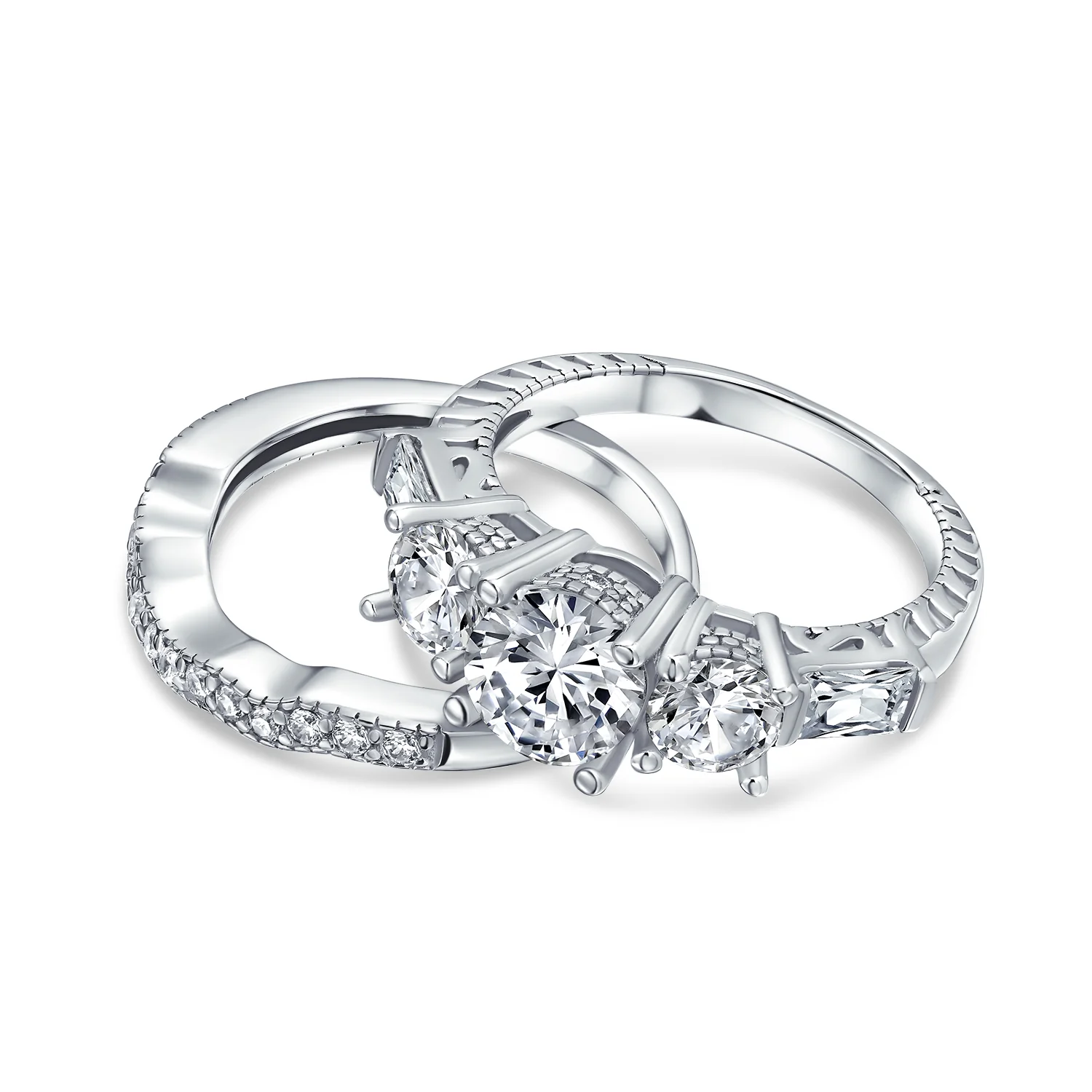 Vintage Style 3CTW CZ Cubic Zirconia Past Present Future 3-Stone Engagement Ring Set Sterling Silver - Image 2