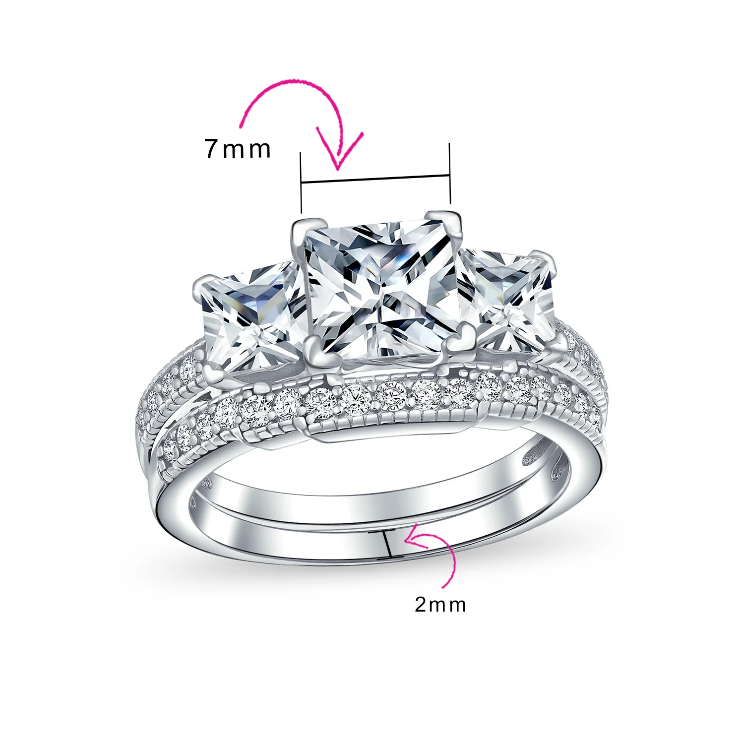 Vintage Style 3CT Princess Cut Past Present Future CZ Engagement Ring Band Set .925 Sterling Silver - Image 5