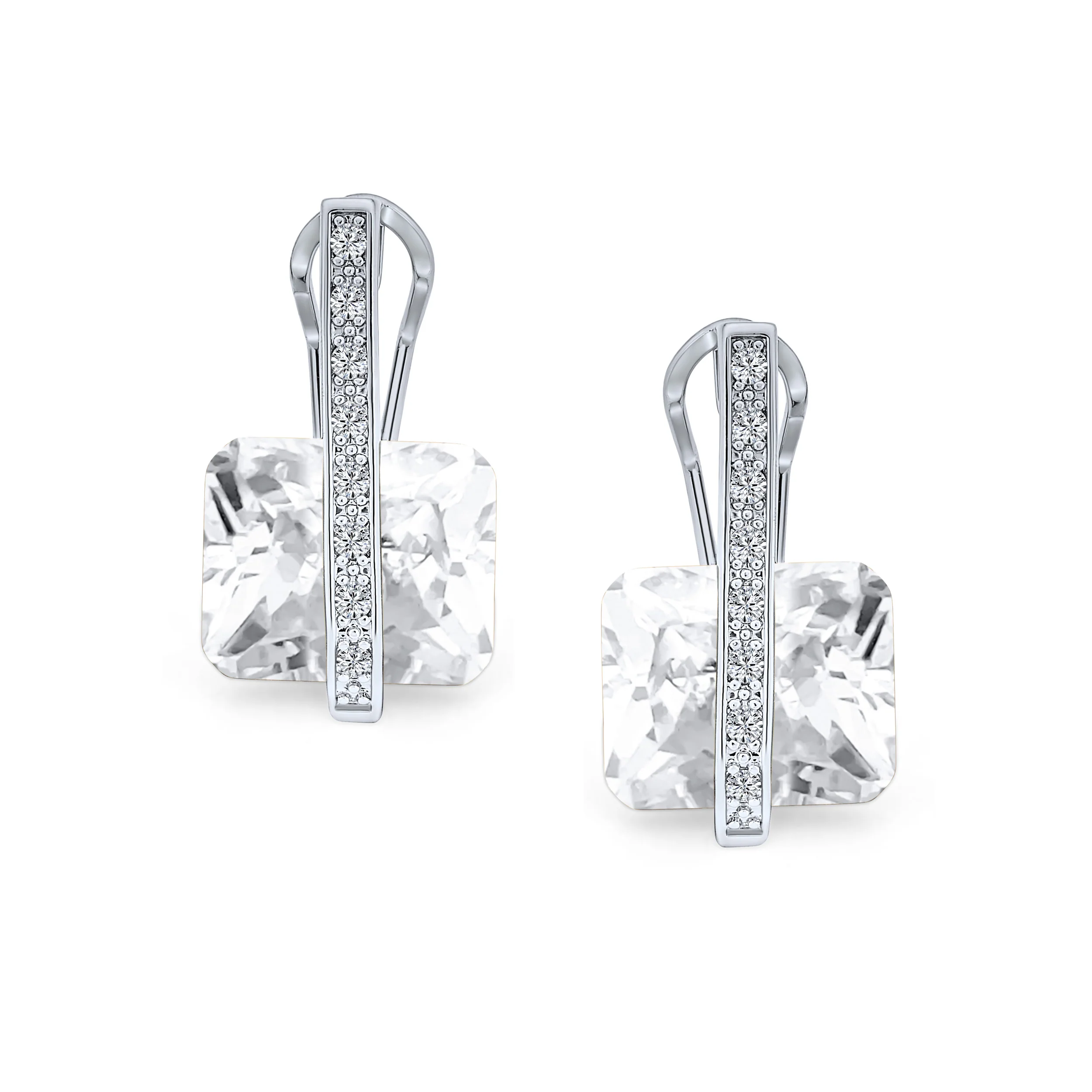 Art Deco Style Cubic Zirconia Rectangle Emerald Cut Drop Earrings Silver Plated - Image 14