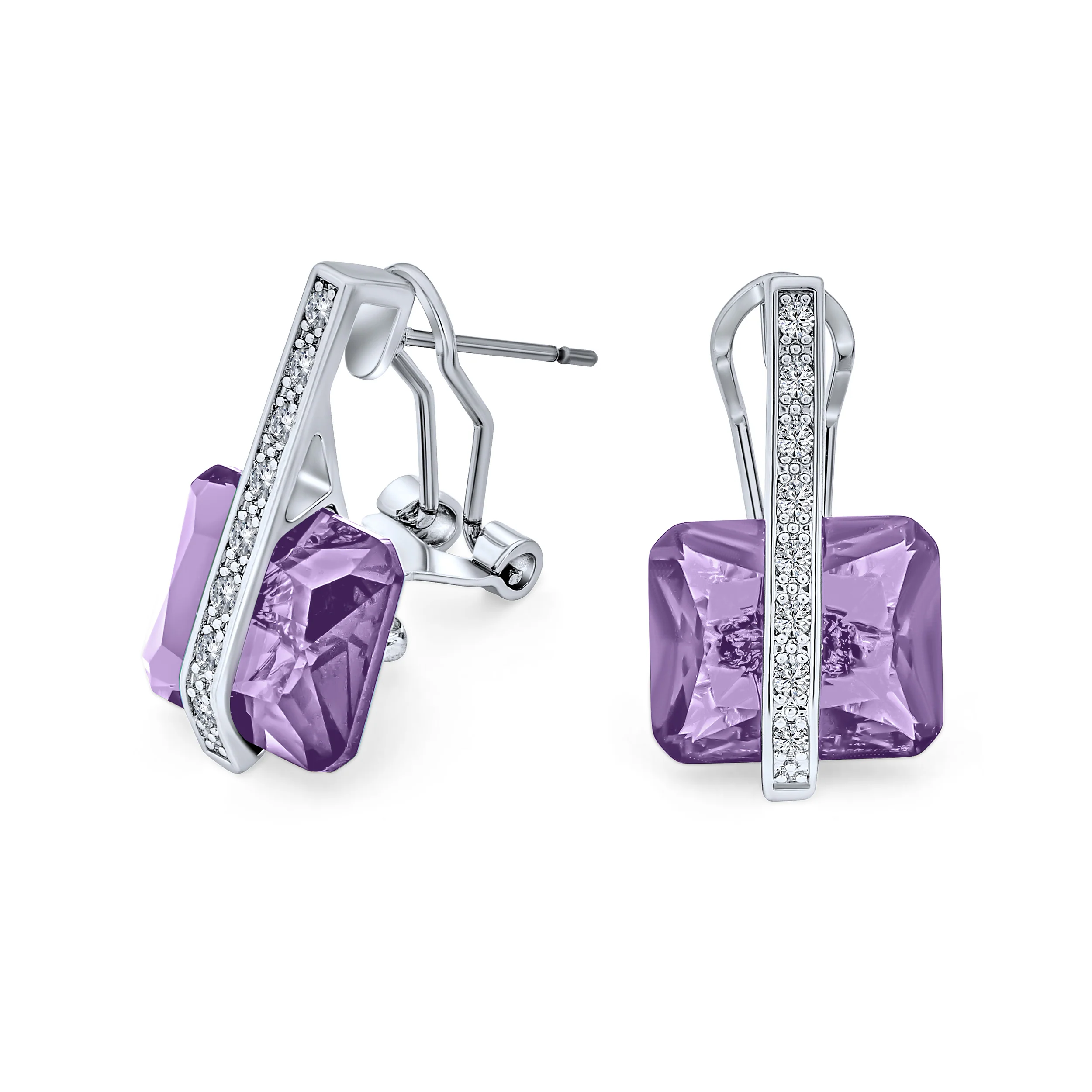 Art Deco Style Cubic Zirconia Rectangle Emerald Cut Drop Earrings Silver Plated - Image 3