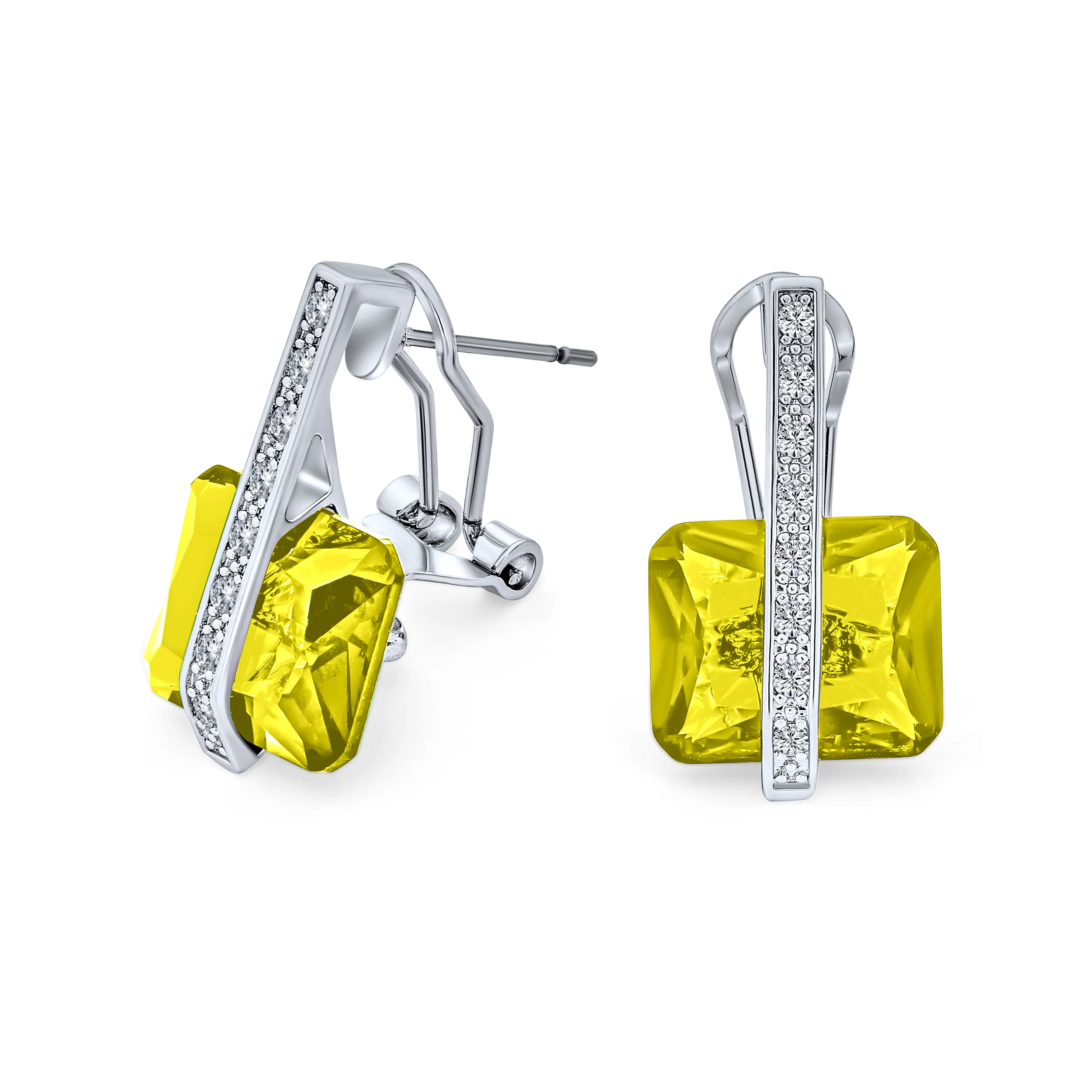 Art Deco Style Cubic Zirconia Rectangle Emerald Cut Drop Earrings Silver Plated - Image 4