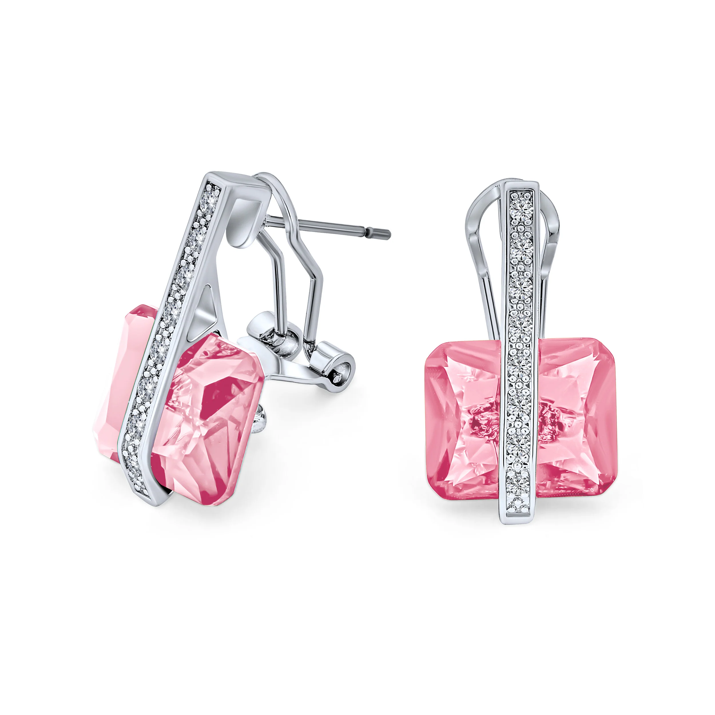 Art Deco Style Cubic Zirconia Rectangle Emerald Cut Drop Earrings Silver Plated - Image 5