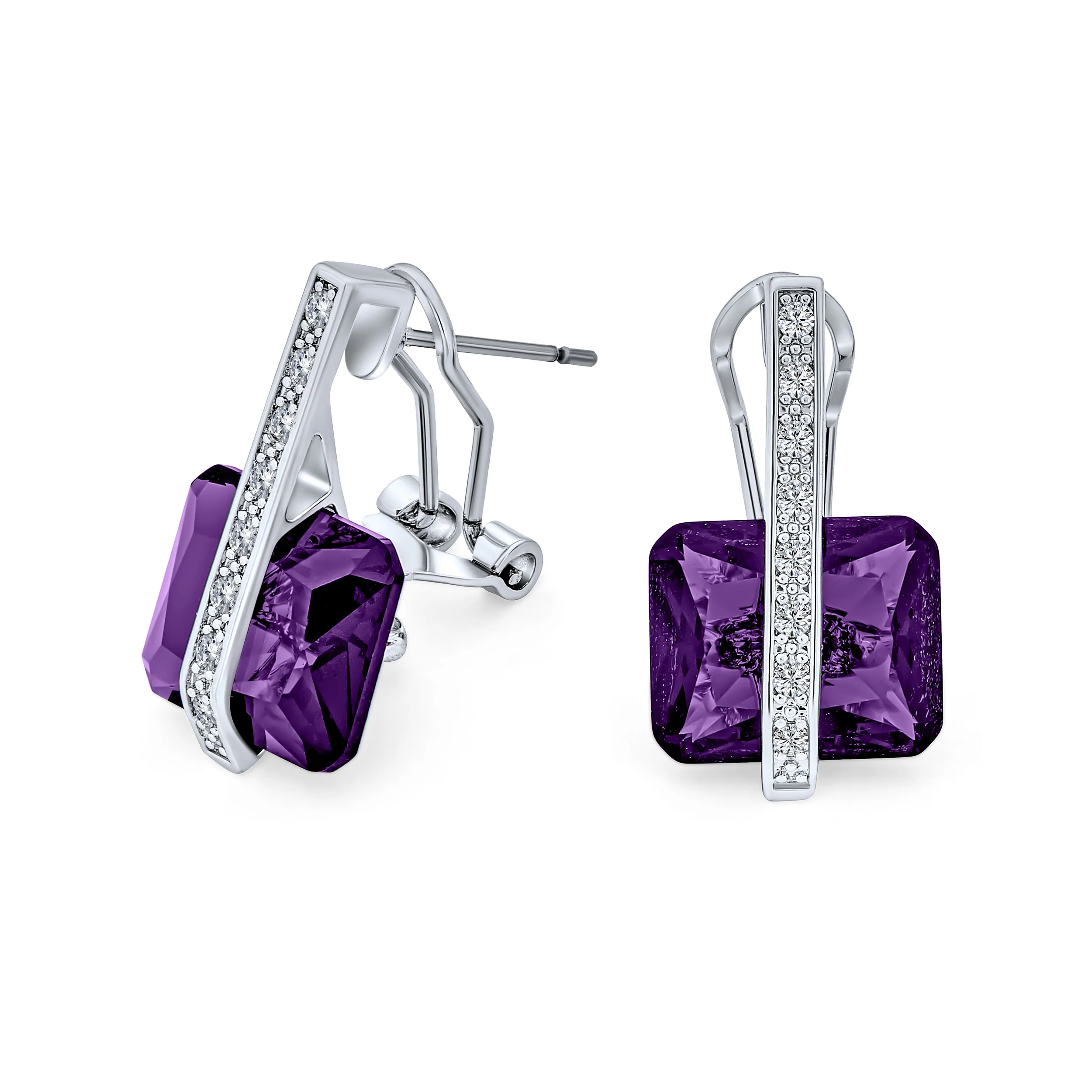 Art Deco Style Cubic Zirconia Rectangle Emerald Cut Drop Earrings Silver Plated - Image 6