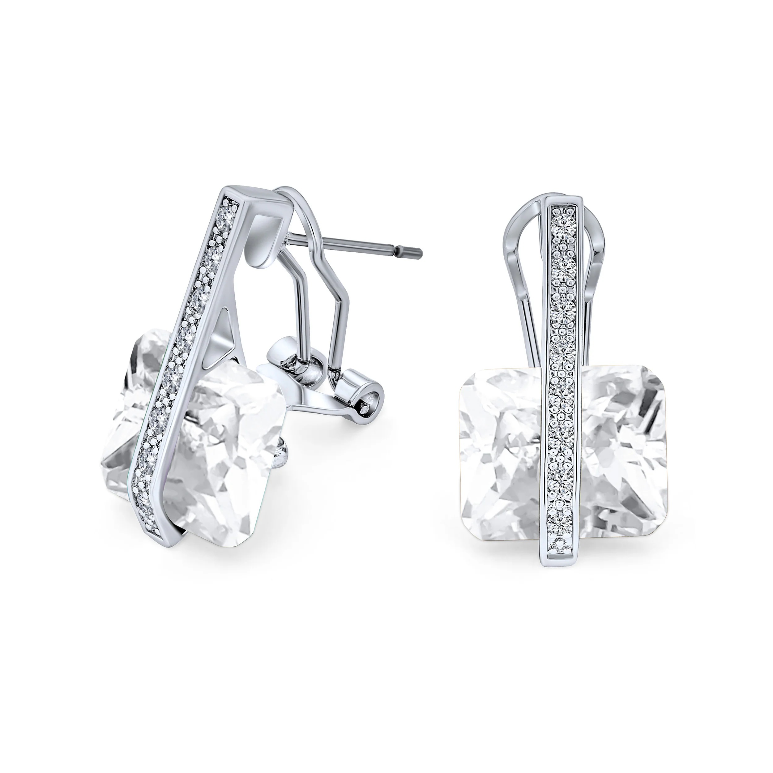 Art Deco Style Cubic Zirconia Rectangle Emerald Cut Drop Earrings Silver Plated - Image 7