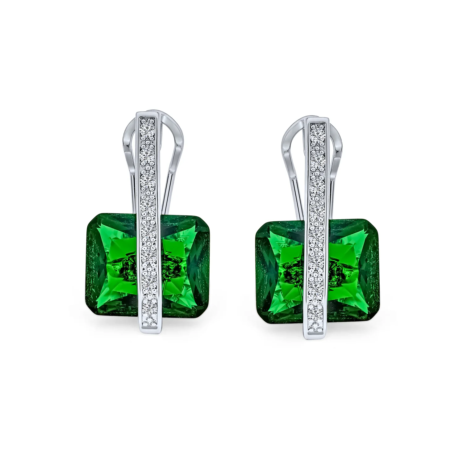 Art Deco Style Cubic Zirconia Rectangle Emerald Cut Drop Earrings Silver Plated - Image 8