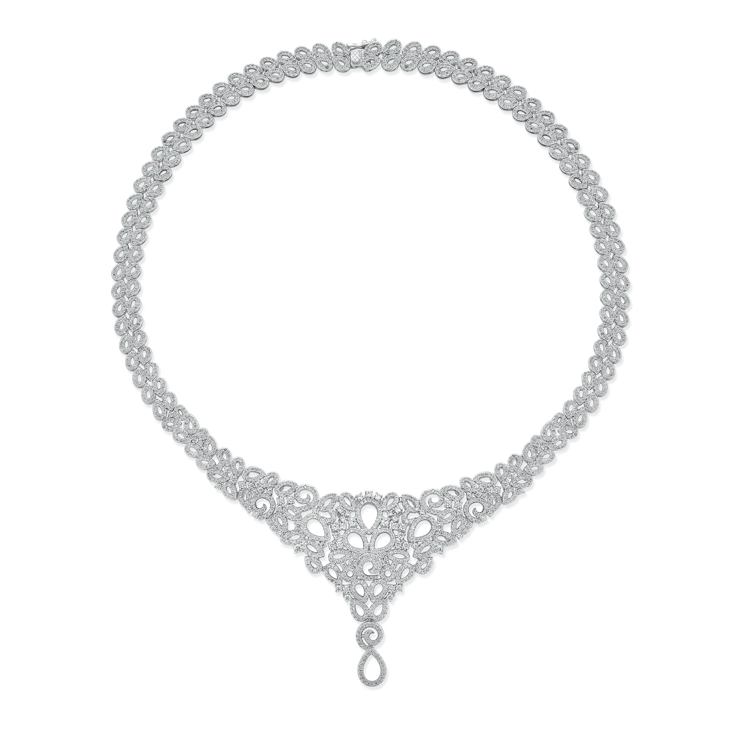 Art Deco Swirl Leaf Choker Collar Necklace with Teardrop CZ