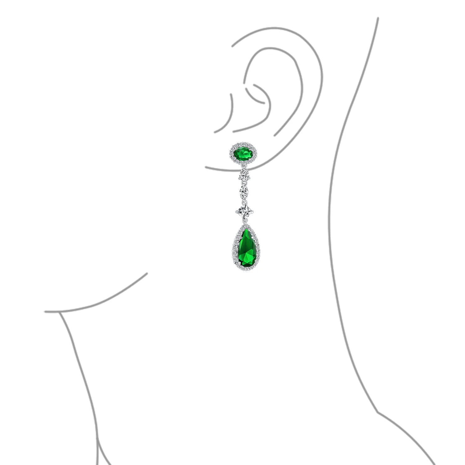 Art Deco Style Royal Green Cubic Zirconia Halo CZ Statement Teardrop Chandelier Earrings Silver Plated - Image 14