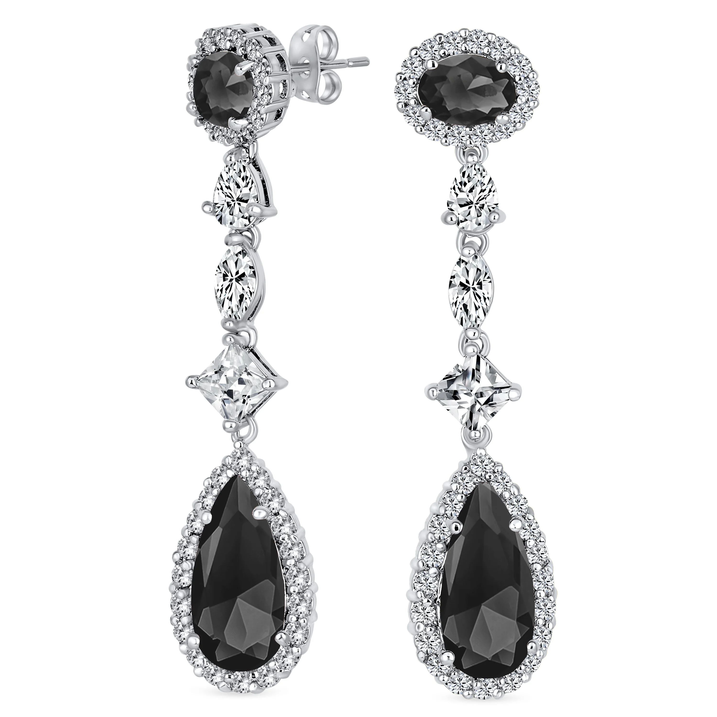 Art Deco Style Royal Green Cubic Zirconia Halo CZ Statement Teardrop Chandelier Earrings Silver Plated - Image 2