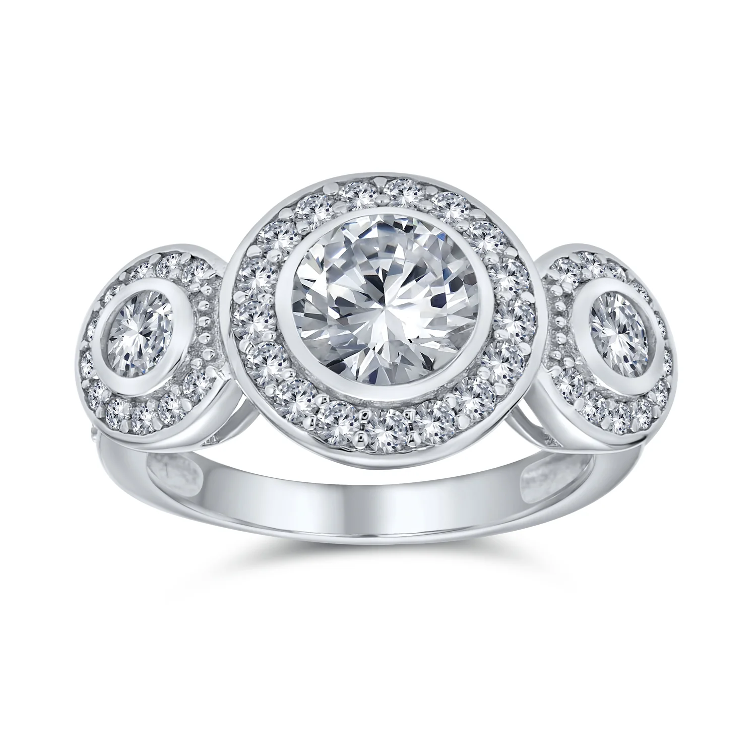 Art Deco Vintage Style Three Stone Halo CZ Engagement Ring