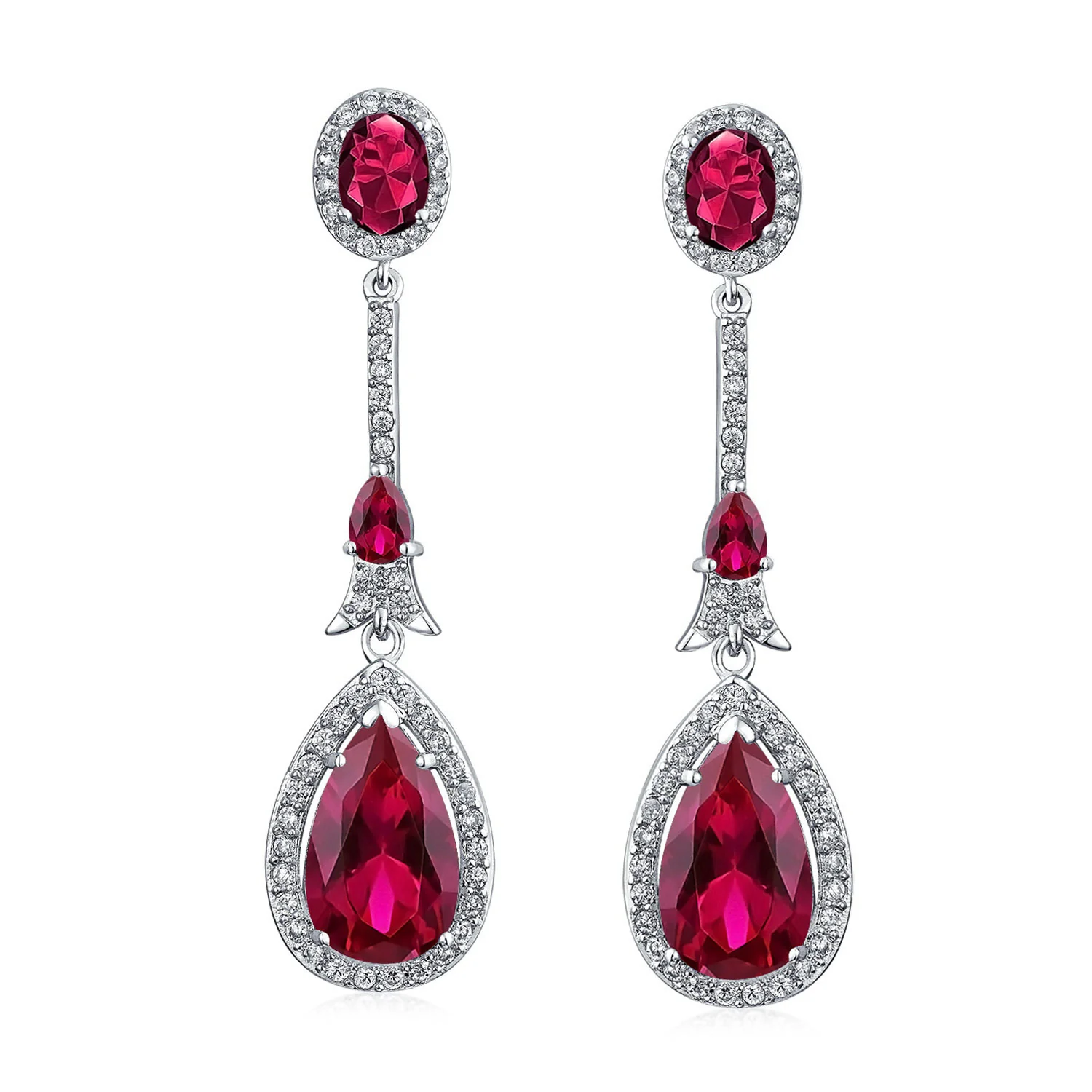 Art Deco Style Dangle Halo Blue Sapphire CZ Cubic Zirconia Teardrop Statement Chandelier Earrings - Image 12
