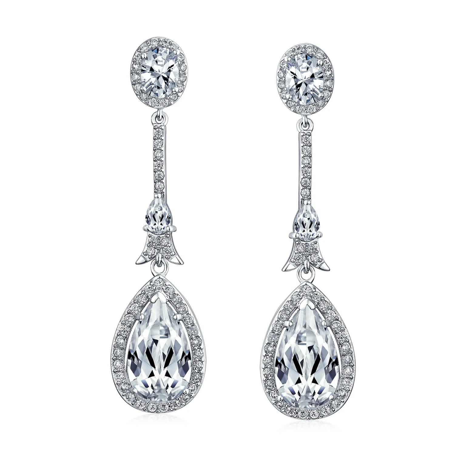 Art Deco Style Dangle Halo Blue Sapphire CZ Cubic Zirconia Teardrop Statement Chandelier Earrings - Image 13
