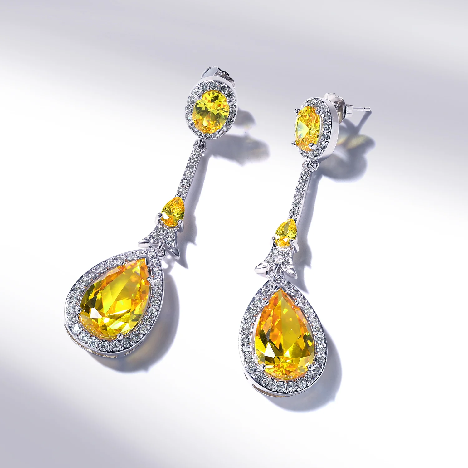 Art Deco Style Dangle Halo Blue Sapphire CZ Cubic Zirconia Teardrop Statement Chandelier Earrings - Image 19