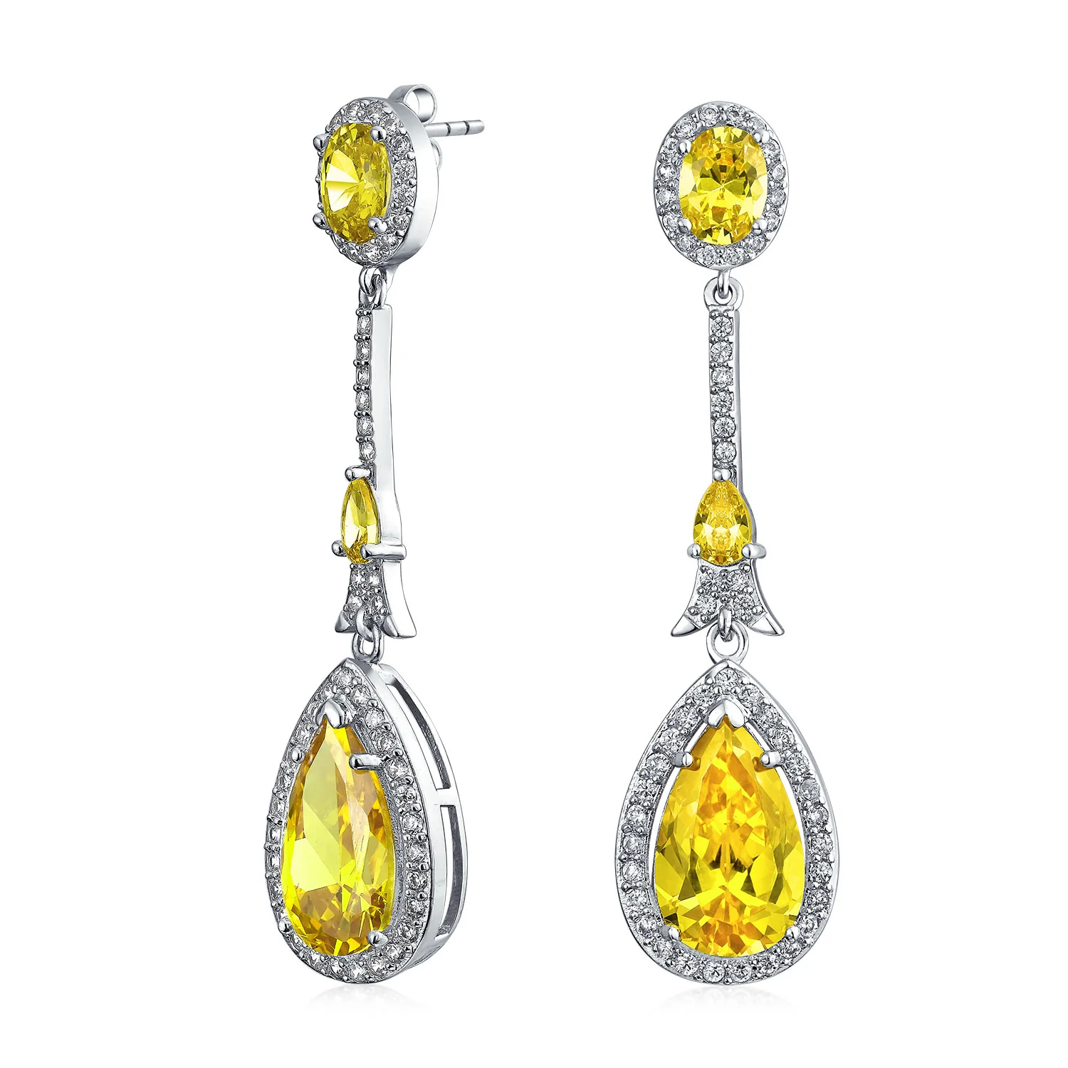 Art Deco Style Dangle Halo Blue Sapphire CZ Cubic Zirconia Teardrop Statement Chandelier Earrings - Image 2
