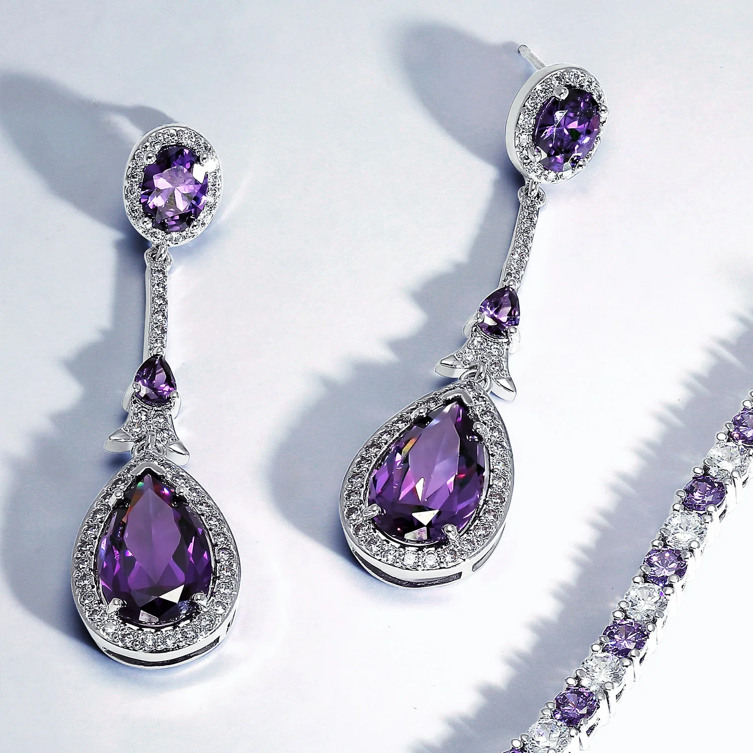 Art Deco Style Dangle Halo Blue Sapphire CZ Cubic Zirconia Teardrop Statement Chandelier Earrings - Image 20
