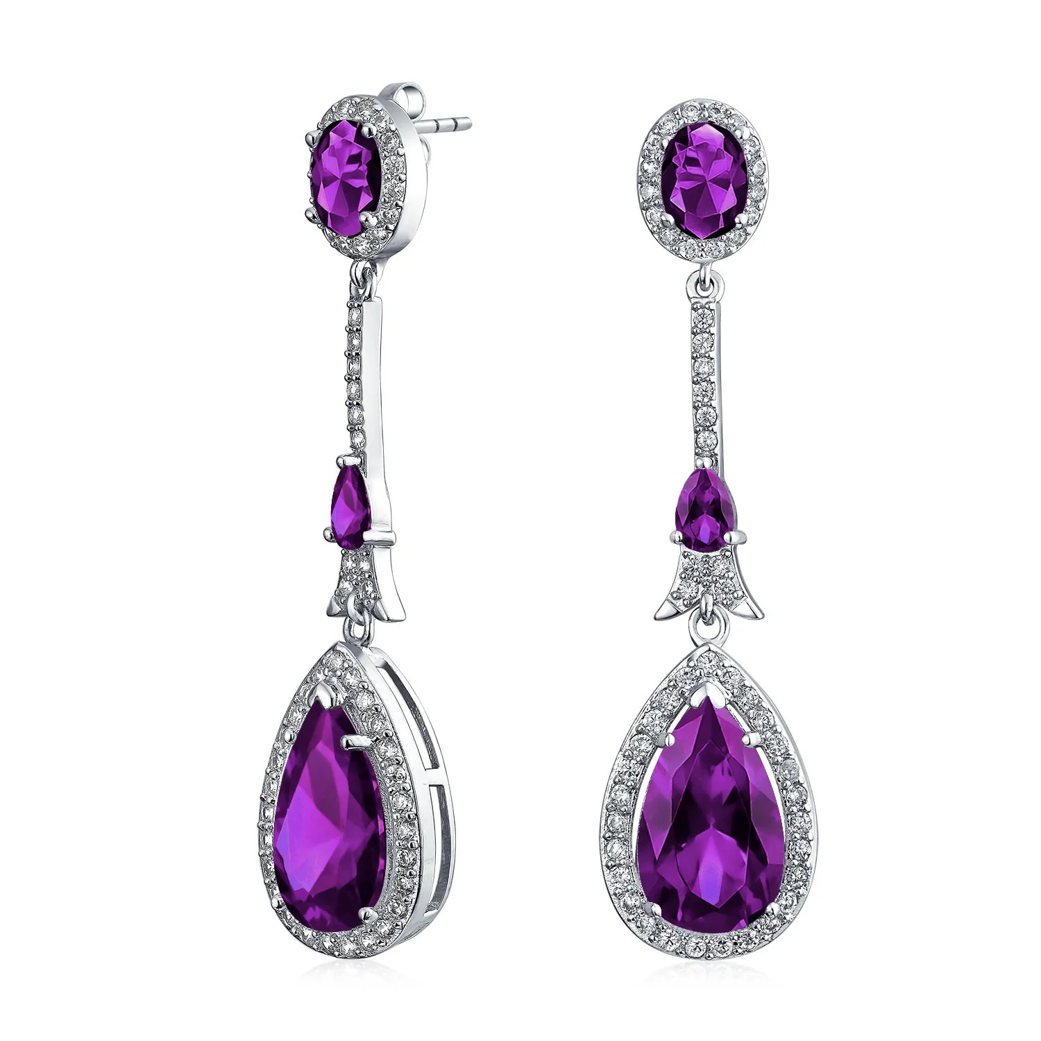 Art Deco Style Dangle Halo Blue Sapphire CZ Cubic Zirconia Teardrop Statement Chandelier Earrings - Image 3