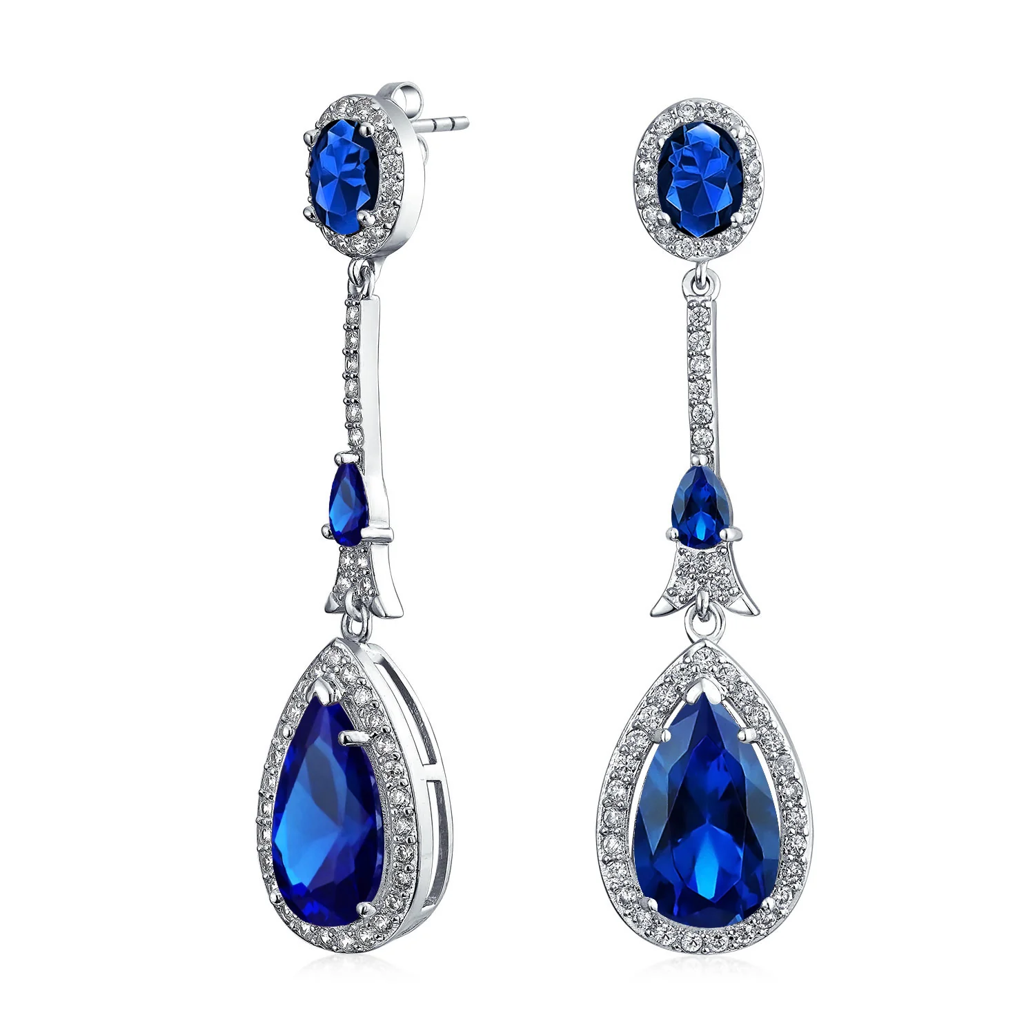 Art Deco Style Dangle Halo Blue Sapphire CZ Cubic Zirconia Teardrop Statement Chandelier Earrings - Image 4