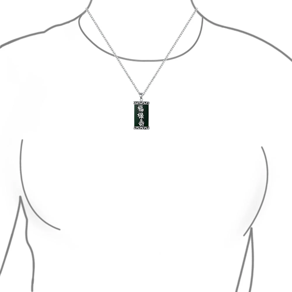 Chinese Fu Symbol Good Fortune Pendant Necklace Green Agate Rectangle Shape .925 Sterling Silver - Image 3