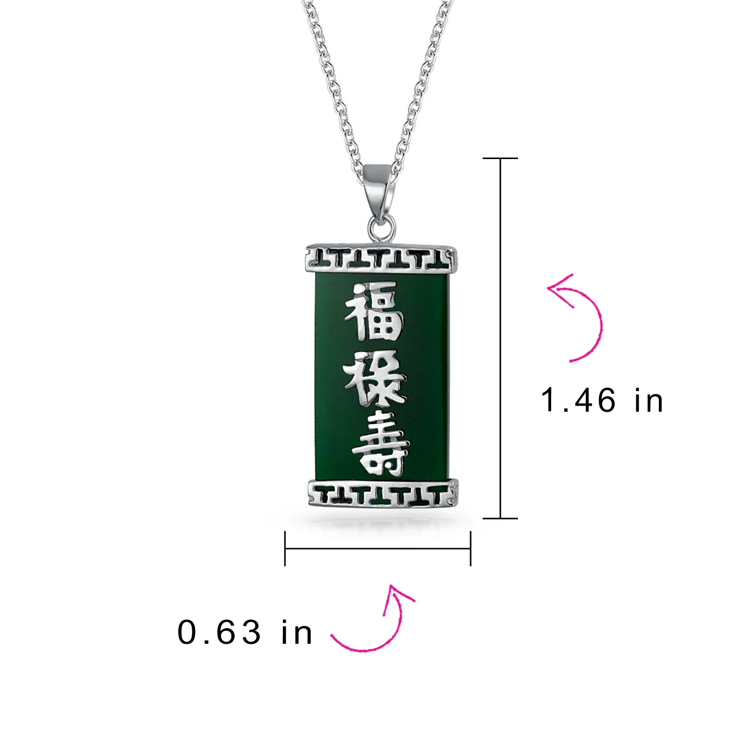 Chinese Fu Symbol Good Fortune Pendant Necklace Green Agate Rectangle Shape .925 Sterling Silver - Image 4