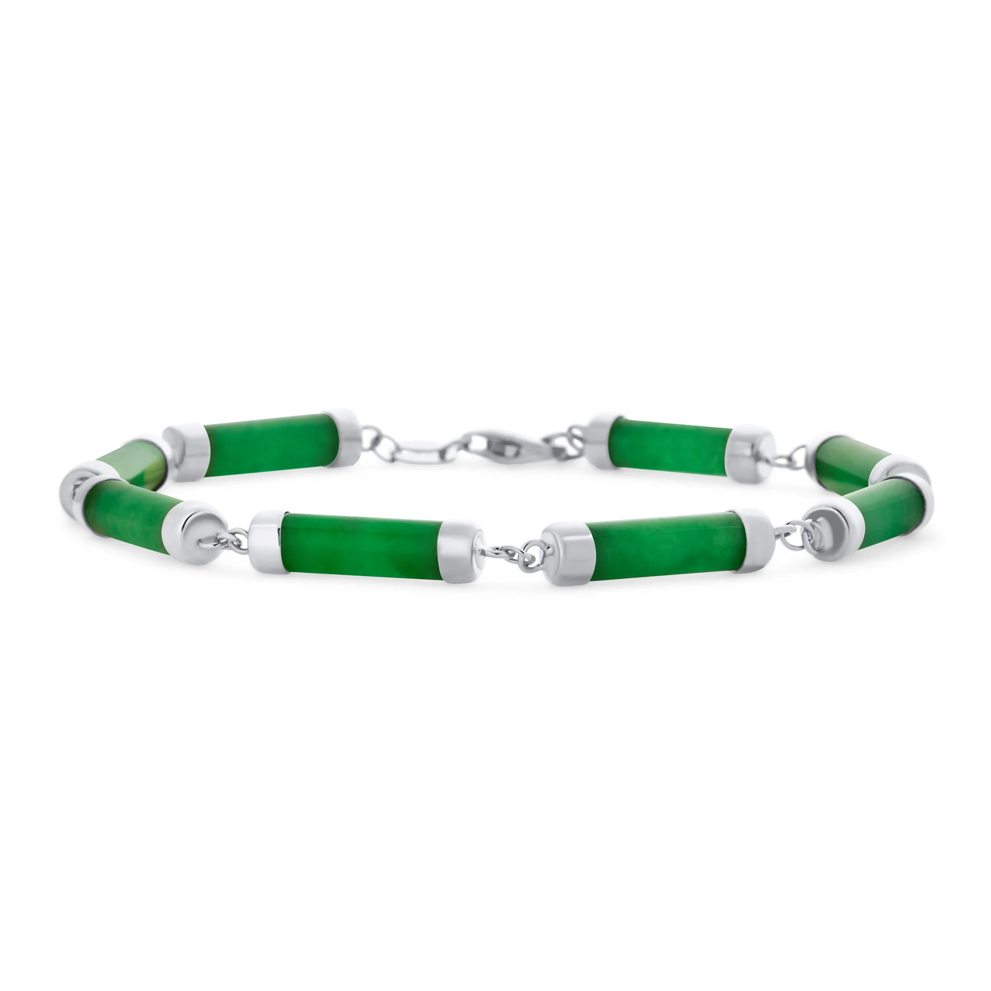 Asian Style Green Jade Strand Tube Bar Link Anklet Bracelet Sterling Silver - Image 2
