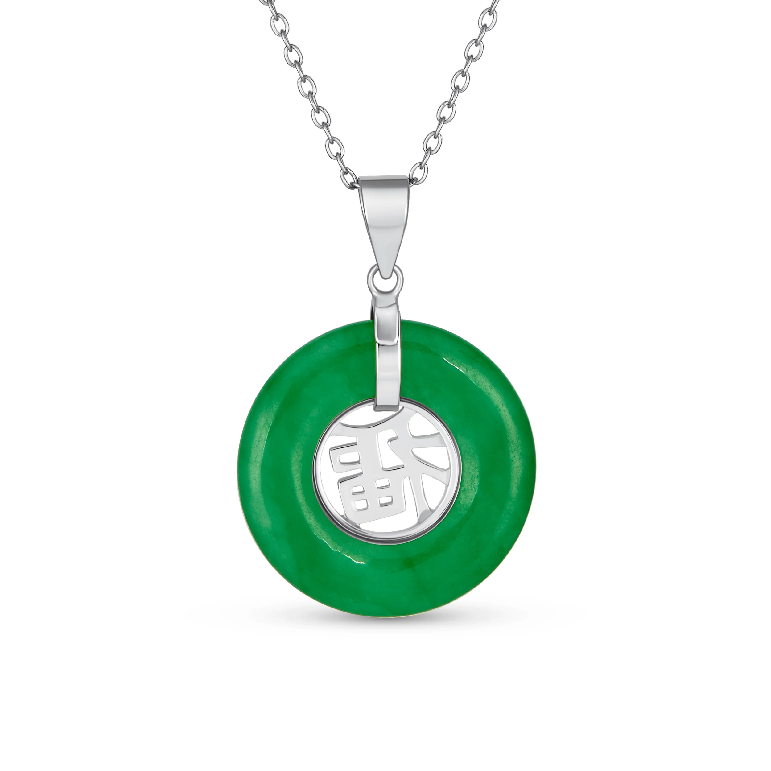 Asian Good Fortune Fu Symbol Green Jade Disc Pendant Necklace Gold Plated .925 Sterling Silver - Image 3