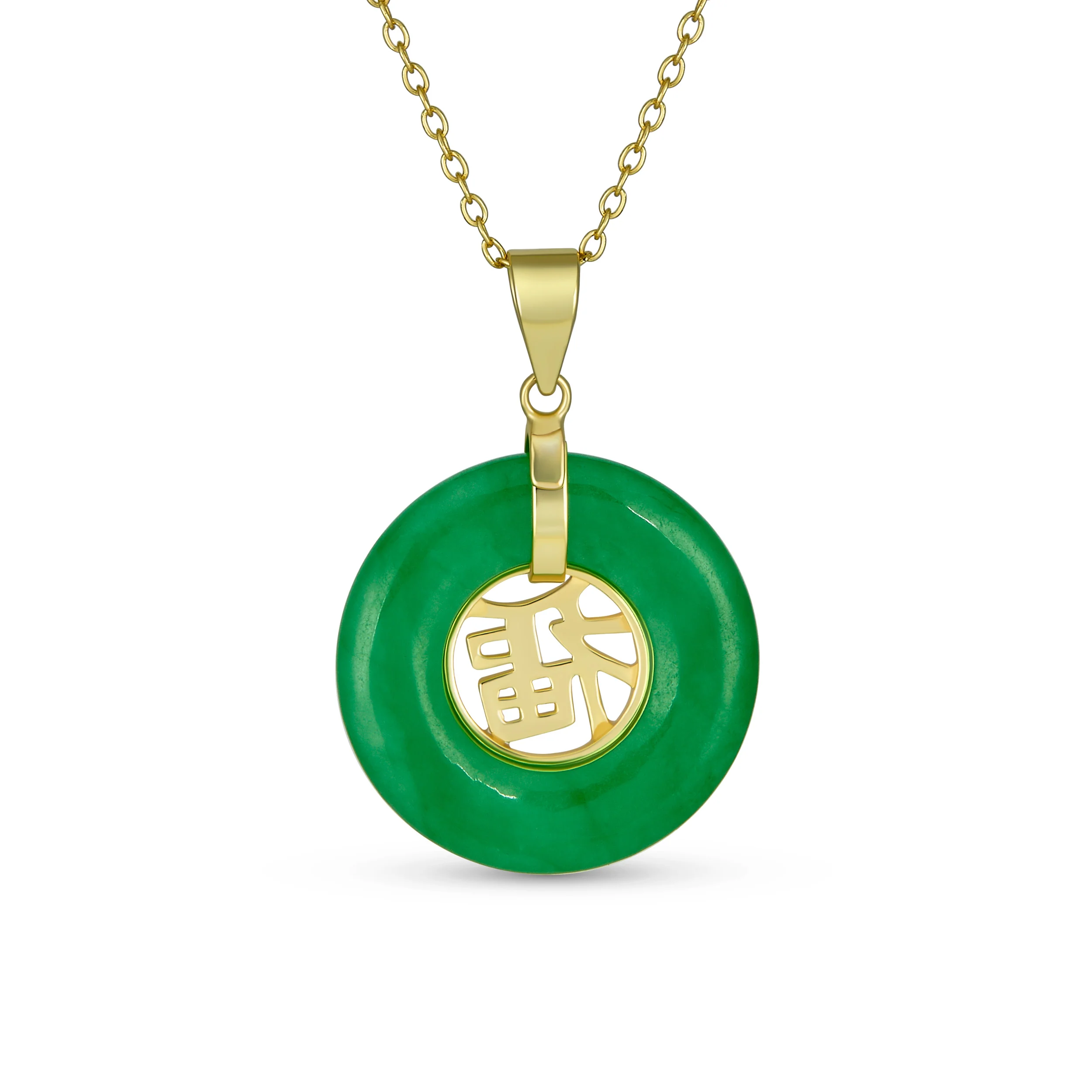 Asian Good Fortune Fu Symbol Green Jade Disc Pendant Necklace Gold Plated .925 Sterling Silver - Image 4