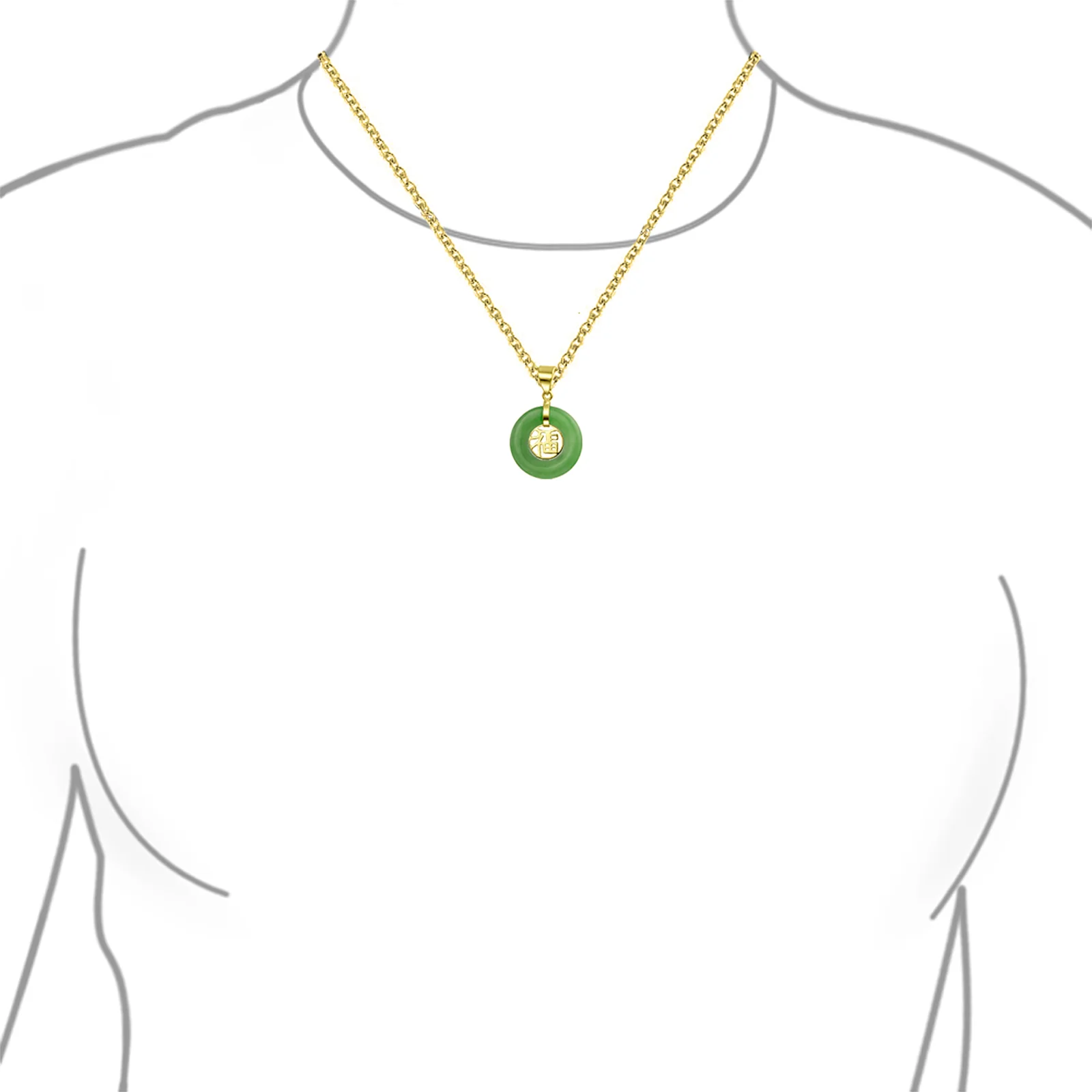 Asian Good Fortune Fu Symbol Green Jade Disc Pendant Necklace Gold Plated .925 Sterling Silver - Image 6