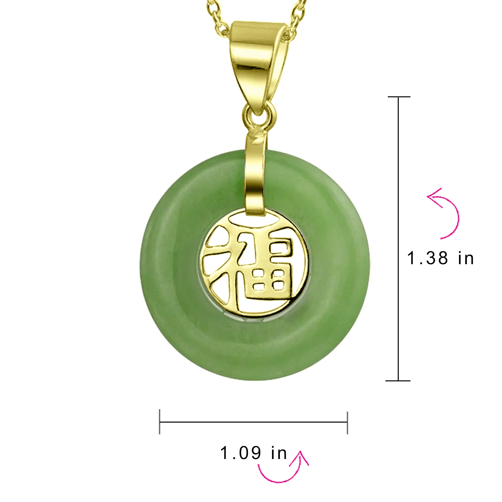 Asian Good Fortune Fu Symbol Green Jade Disc Pendant Necklace Gold Plated .925 Sterling Silver - Image 7