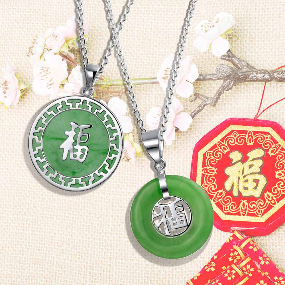 Asian Good Fortune Fu Symbol Green Jade Disc Pendant Necklace Gold Plated .925 Sterling Silver - Image 8