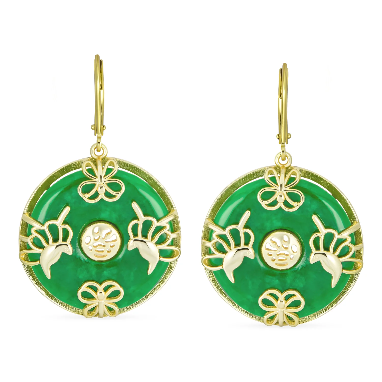 Asian Dangle Gemstone Earrings Green Jade Butterfly 14K Gold - Image 3