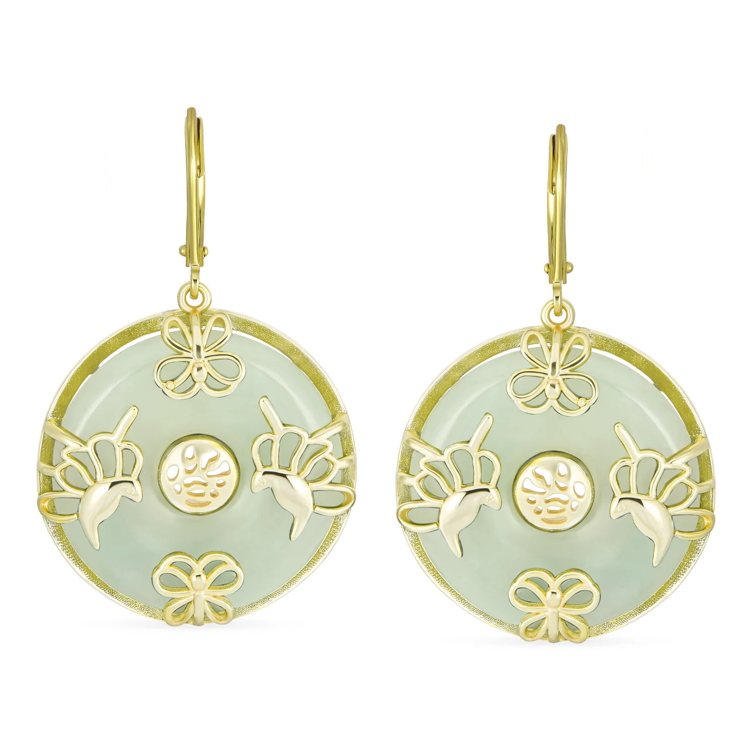 Asian Dangle Gemstone Earrings Green Jade Butterfly 14K Gold - Image 4