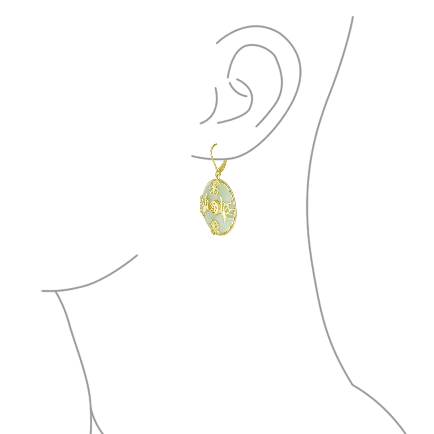 Asian Dangle Gemstone Earrings Green Jade Butterfly 14K Gold - Image 6