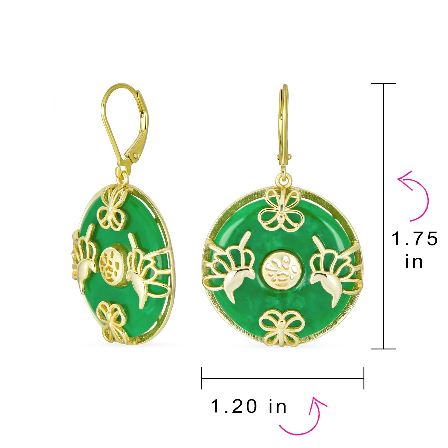 Asian Dangle Gemstone Earrings Green Jade Butterfly 14K Gold - Image 7