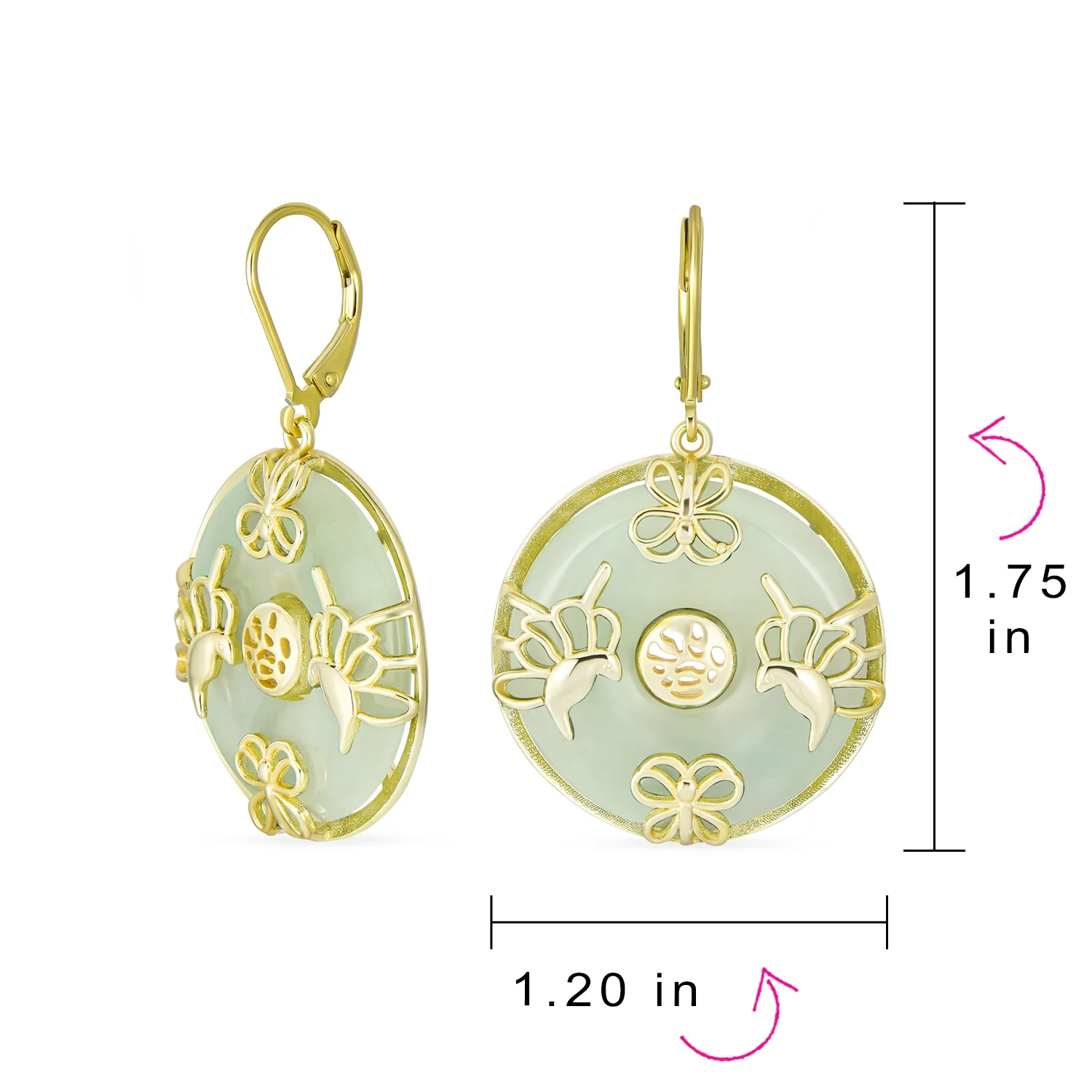 Asian Dangle Gemstone Earrings Green Jade Butterfly 14K Gold - Image 8