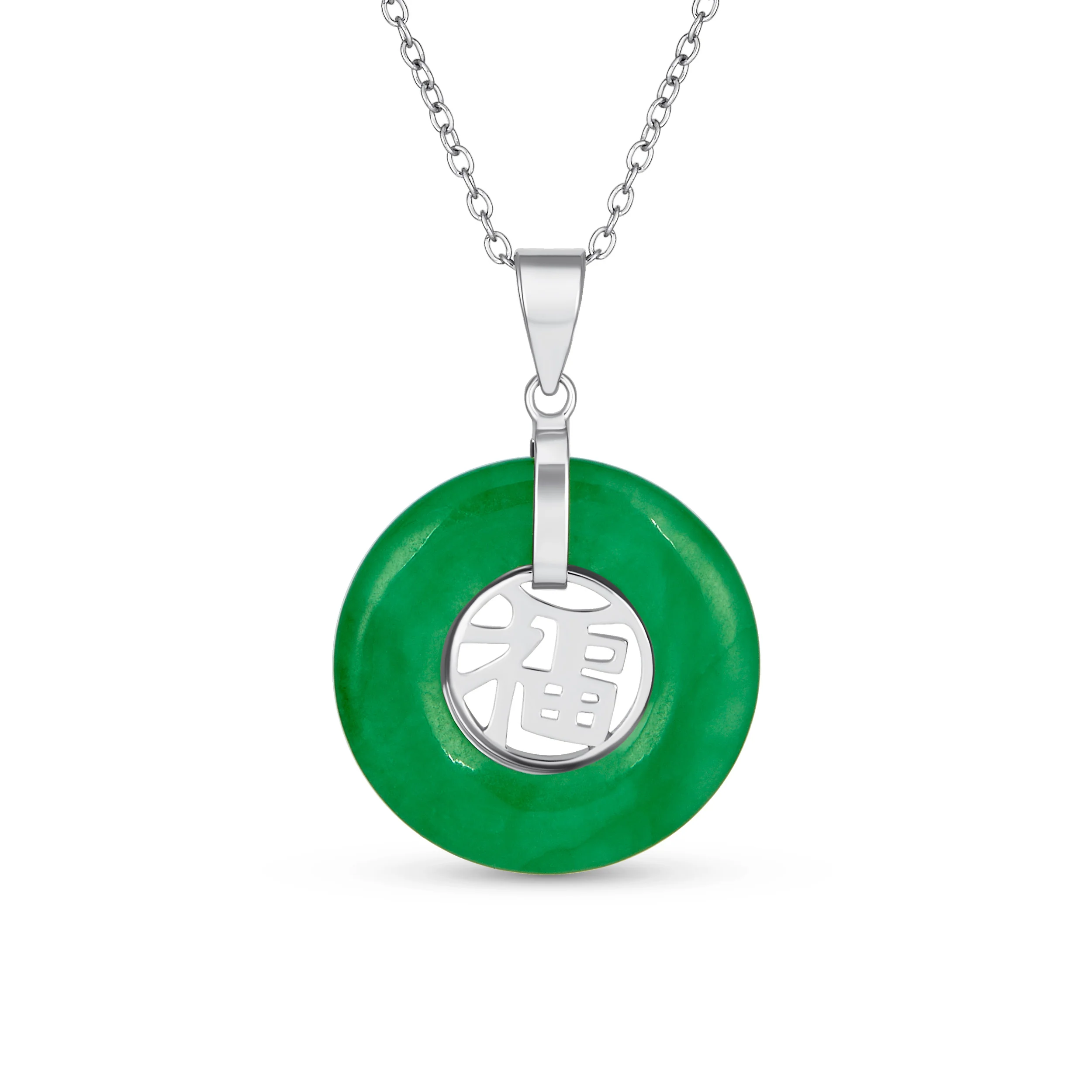 Asian Style Fu Character Green Jade Necklace & Earrings Set Sterling Silver - Image 3