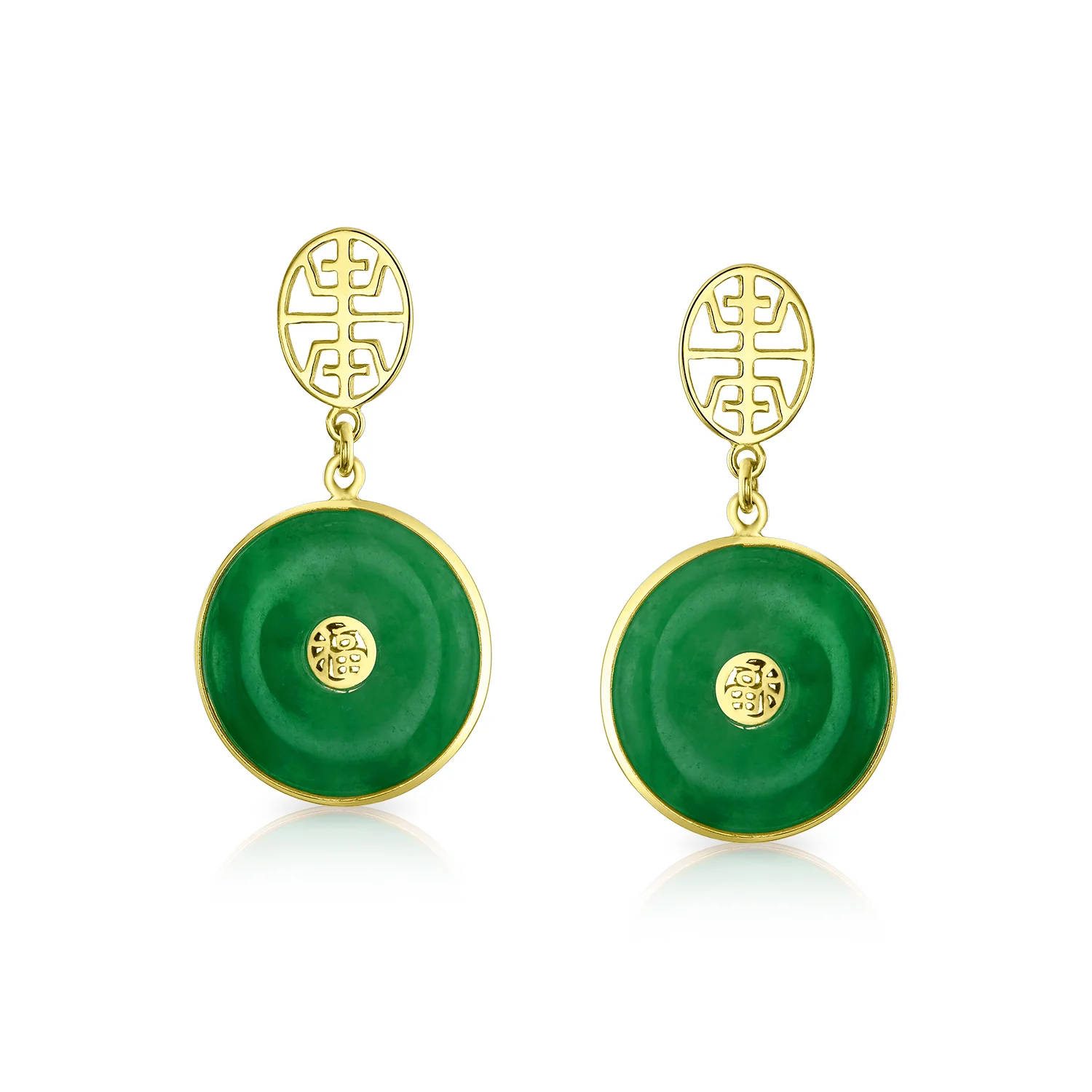 Asian Green Jade Dangle Gemstone Earrings 14K Gold Plated - Image 4